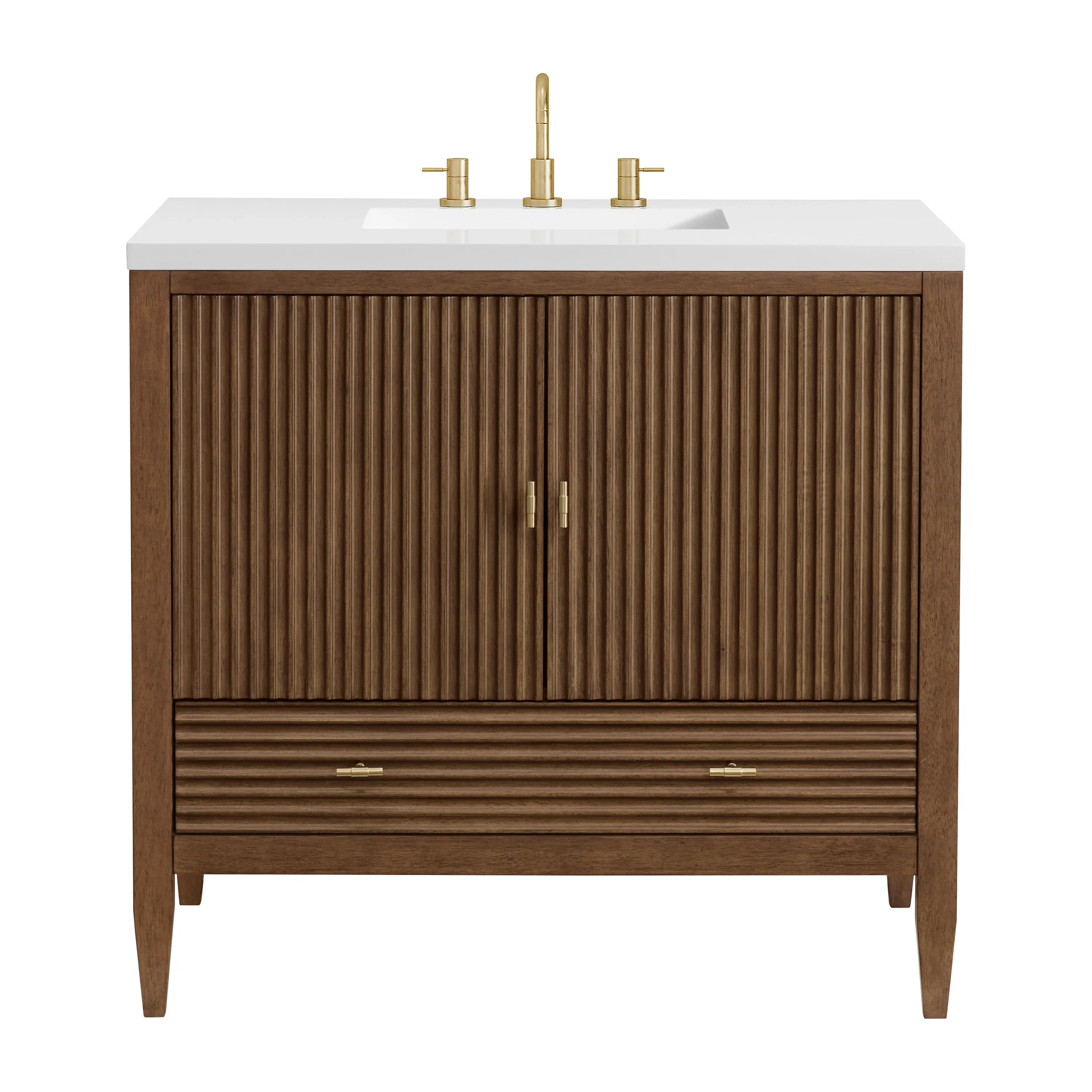 Myrrin 36" Vanity, Mid Century Walnut w/ 3 CM White Zeus Silestone Top