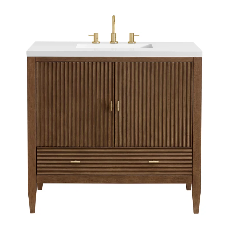 Myrrin 36" Vanity, Mid Century Walnut w/ 3 CM White Zeus Silestone Top