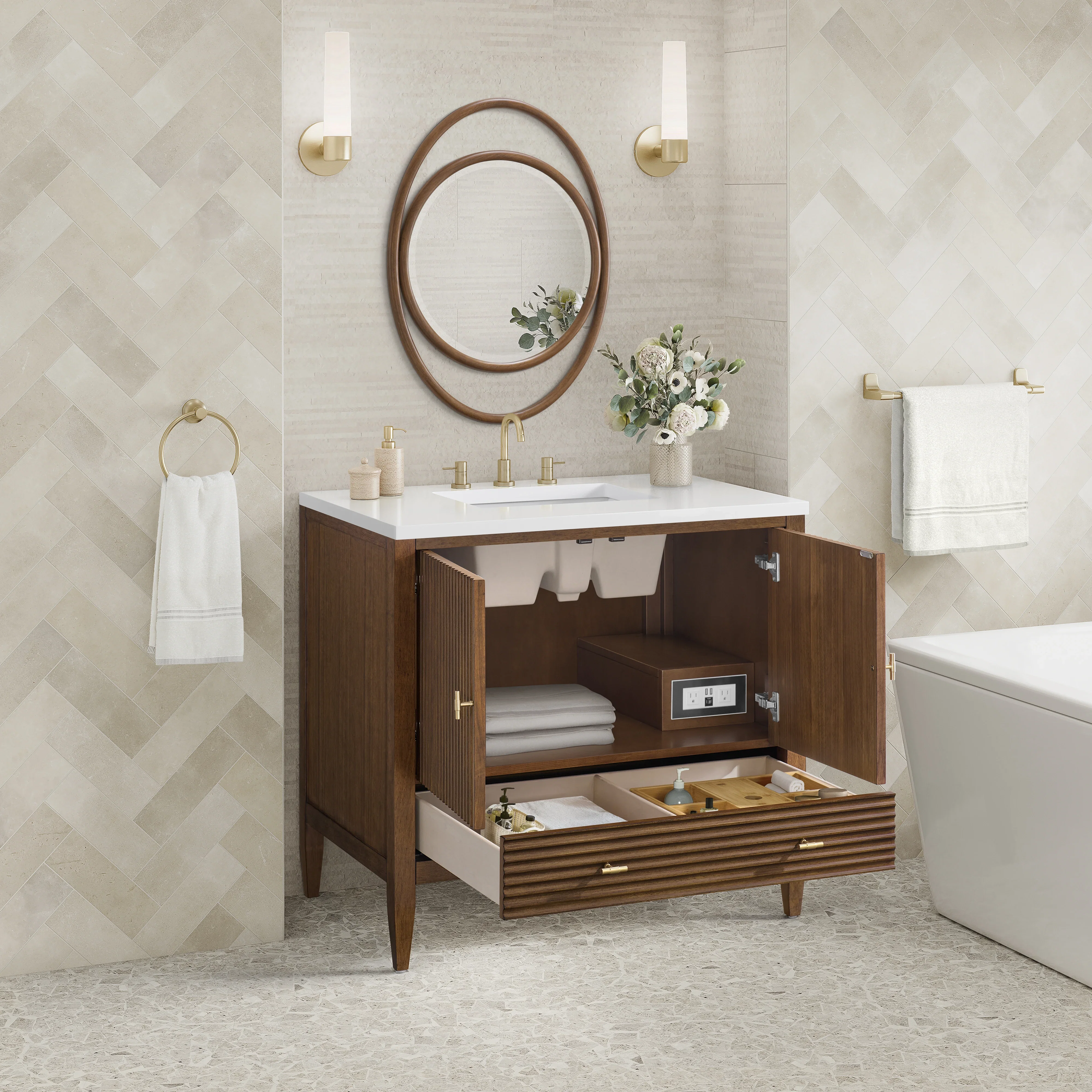 Myrrin 36" Vanity, Mid Century Walnut w/ 3 CM White Zeus Silestone Top