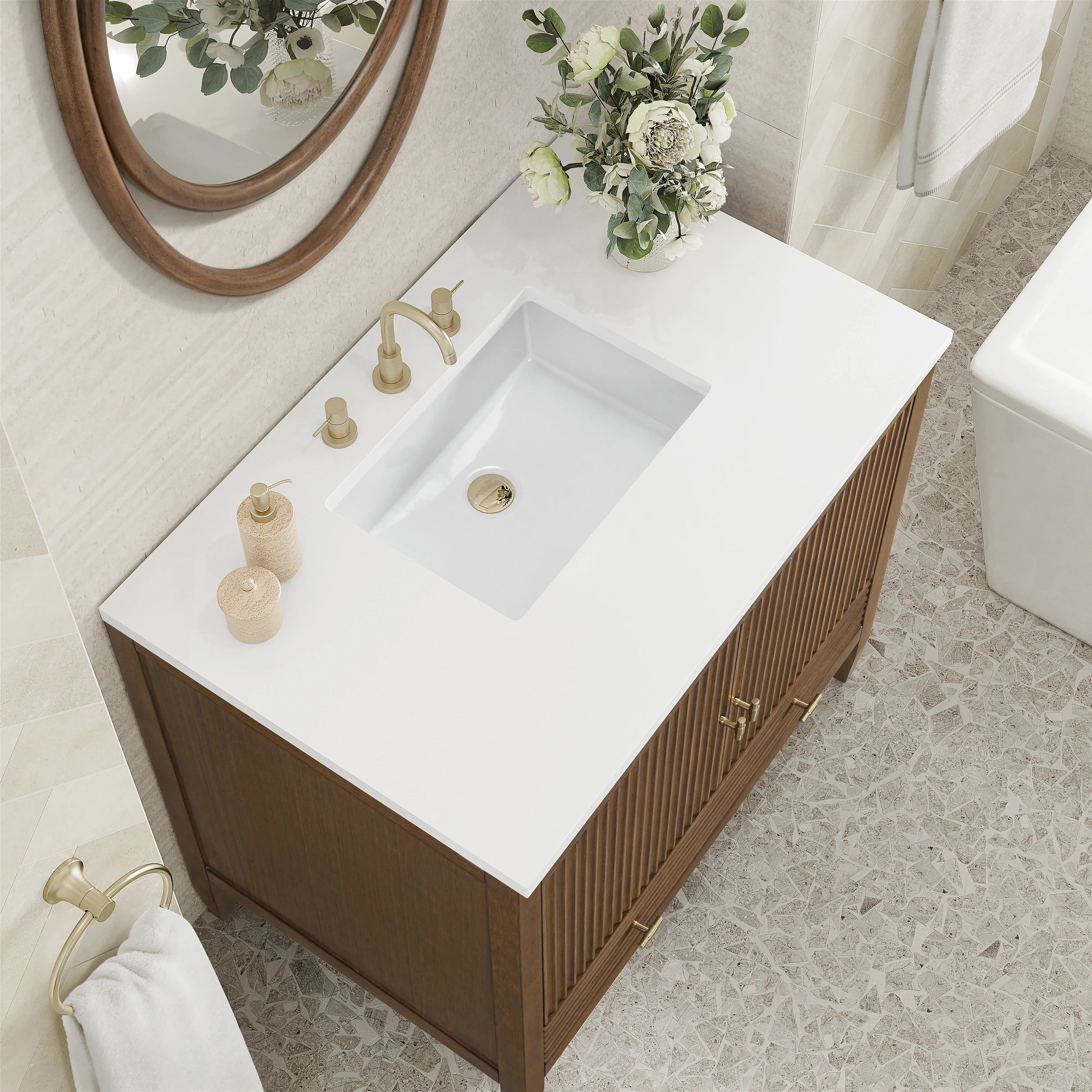 Myrrin 36" Vanity, Mid Century Walnut w/ 3 CM White Zeus Silestone Top
