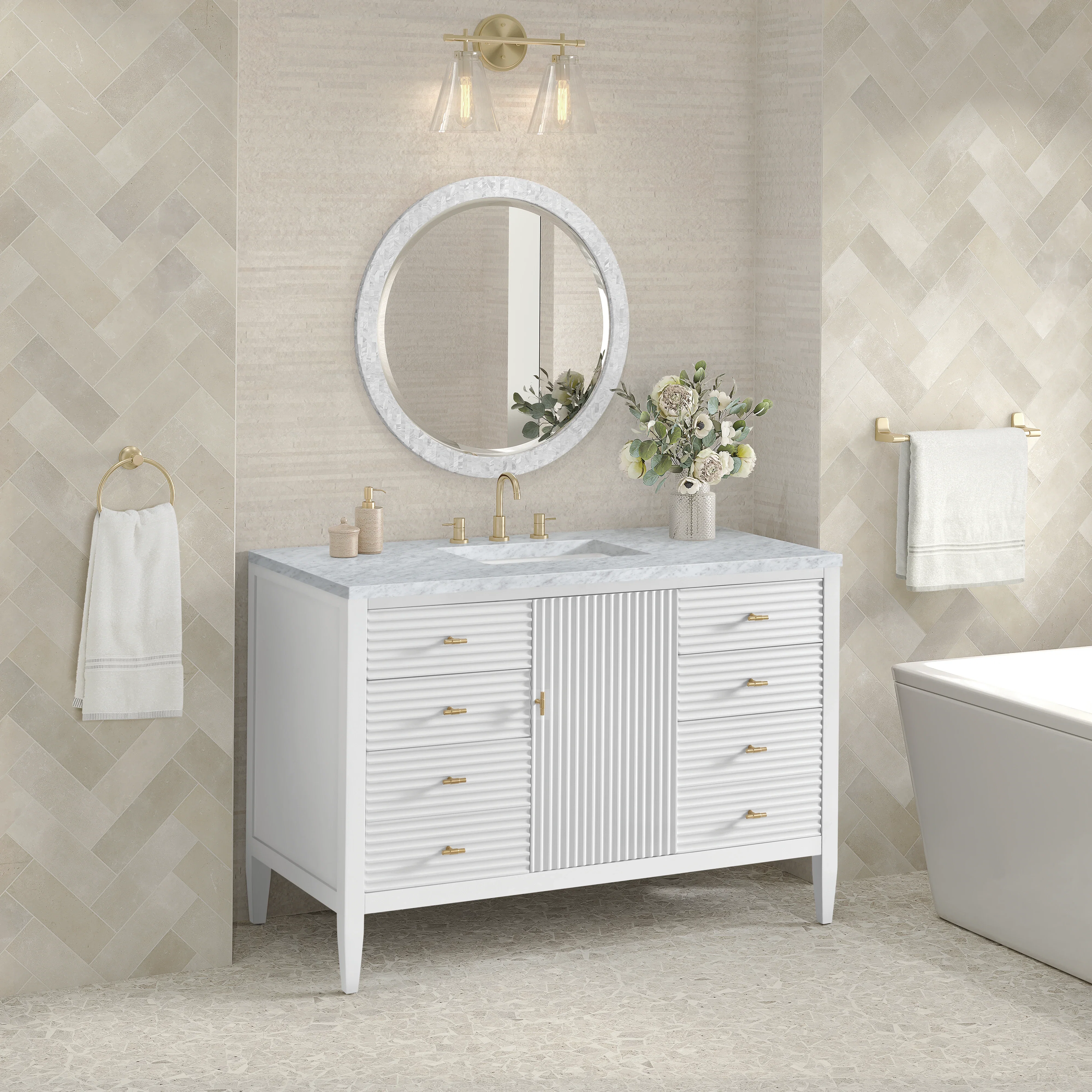 Myrrin 48" Single Vanity, Bright White w/ 3 CM Carrara White Marble Top