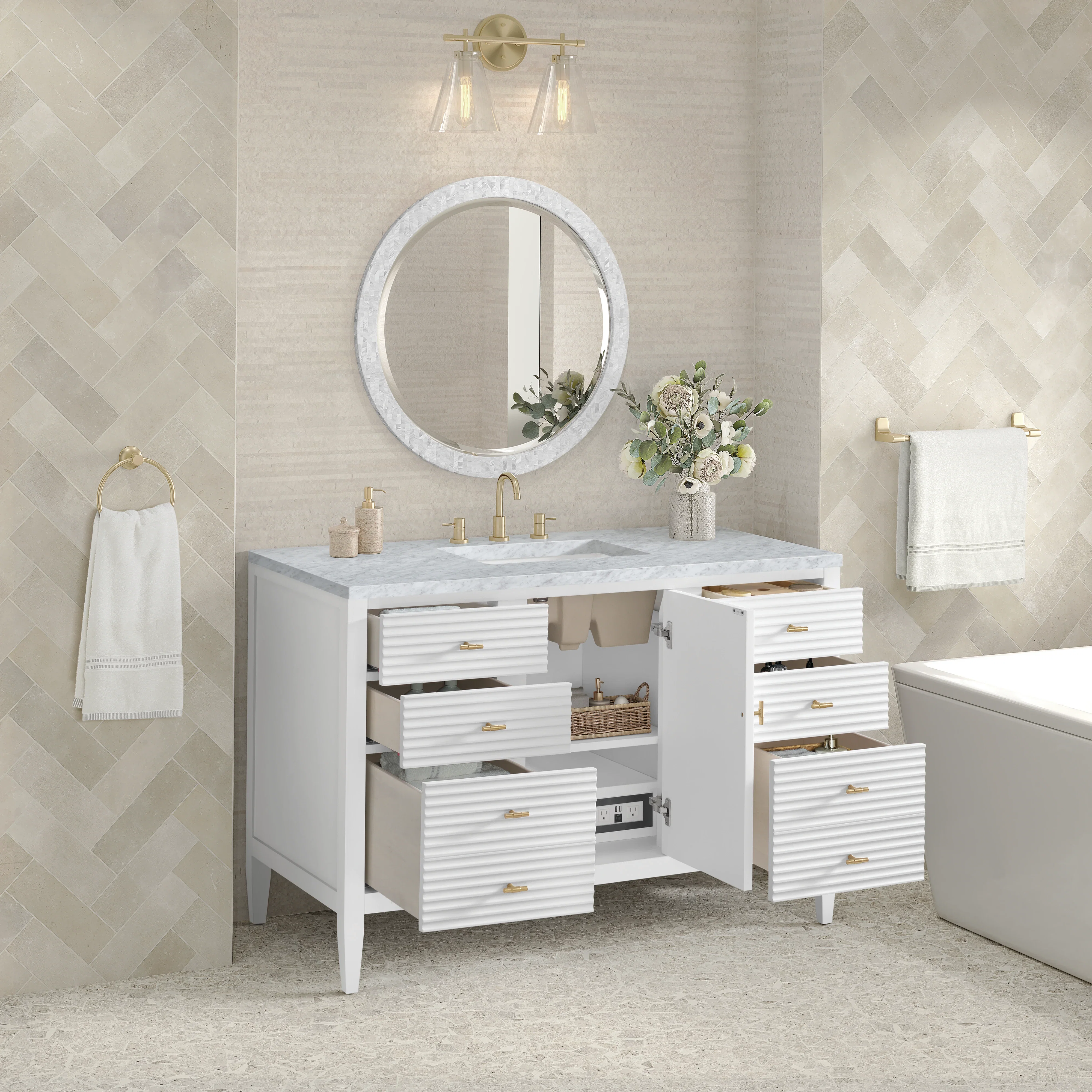 Myrrin 48" Single Vanity, Bright White w/ 3 CM Carrara White Marble Top