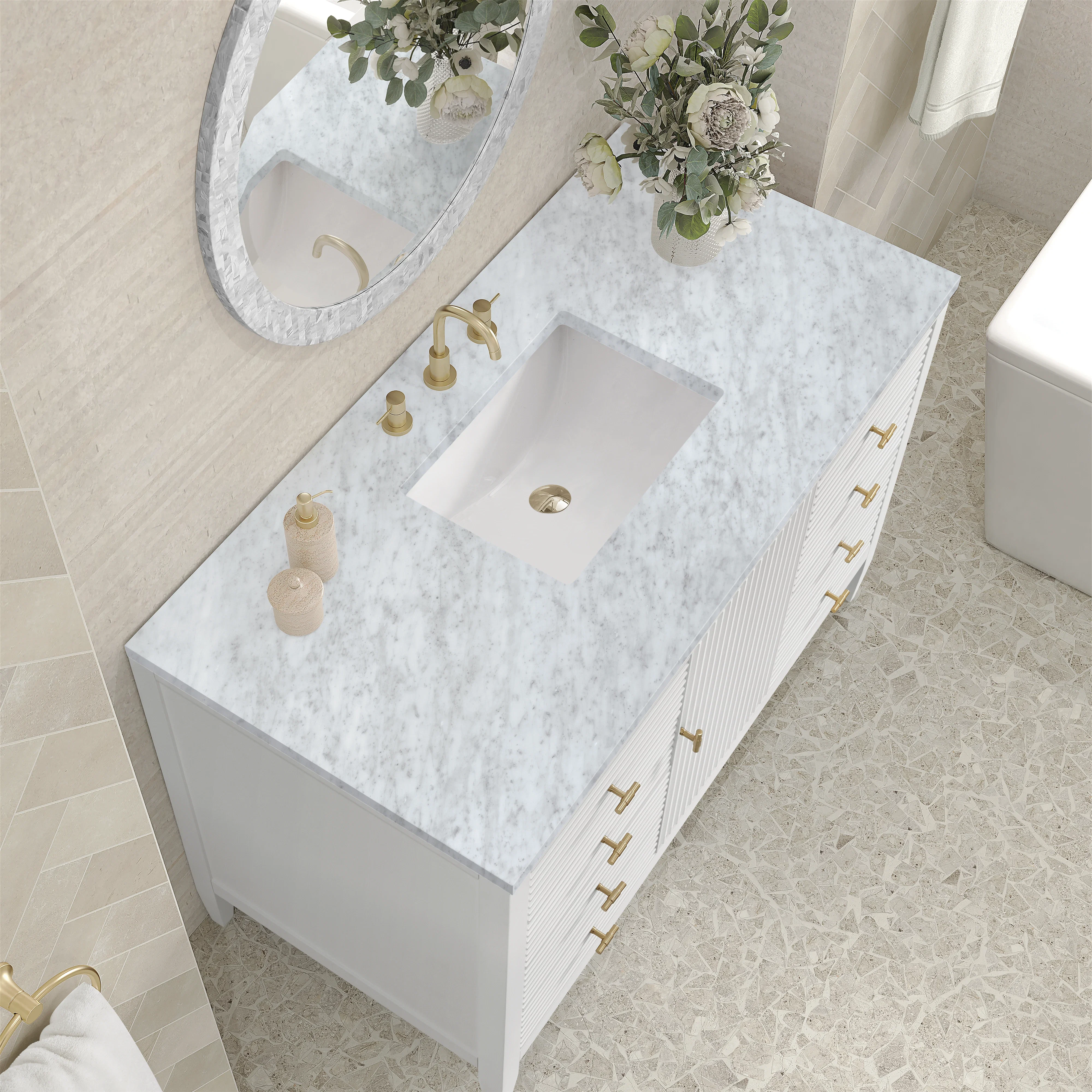 Myrrin 48" Single Vanity, Bright White w/ 3 CM Carrara White Marble Top