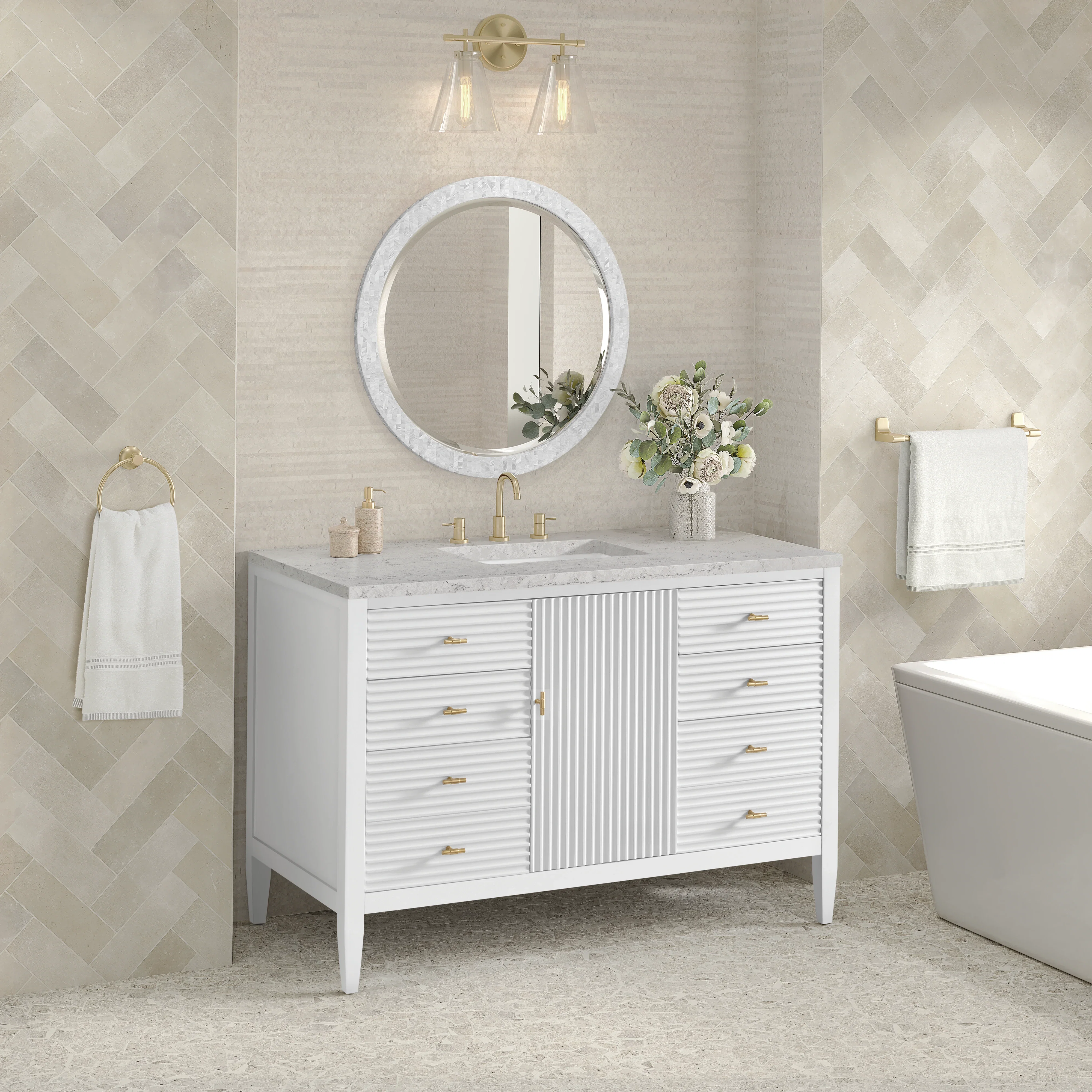 Myrrin 48" Single Vanity, Bright White w/ 3 CM Eternal Jasmine Pearl Silestone Top