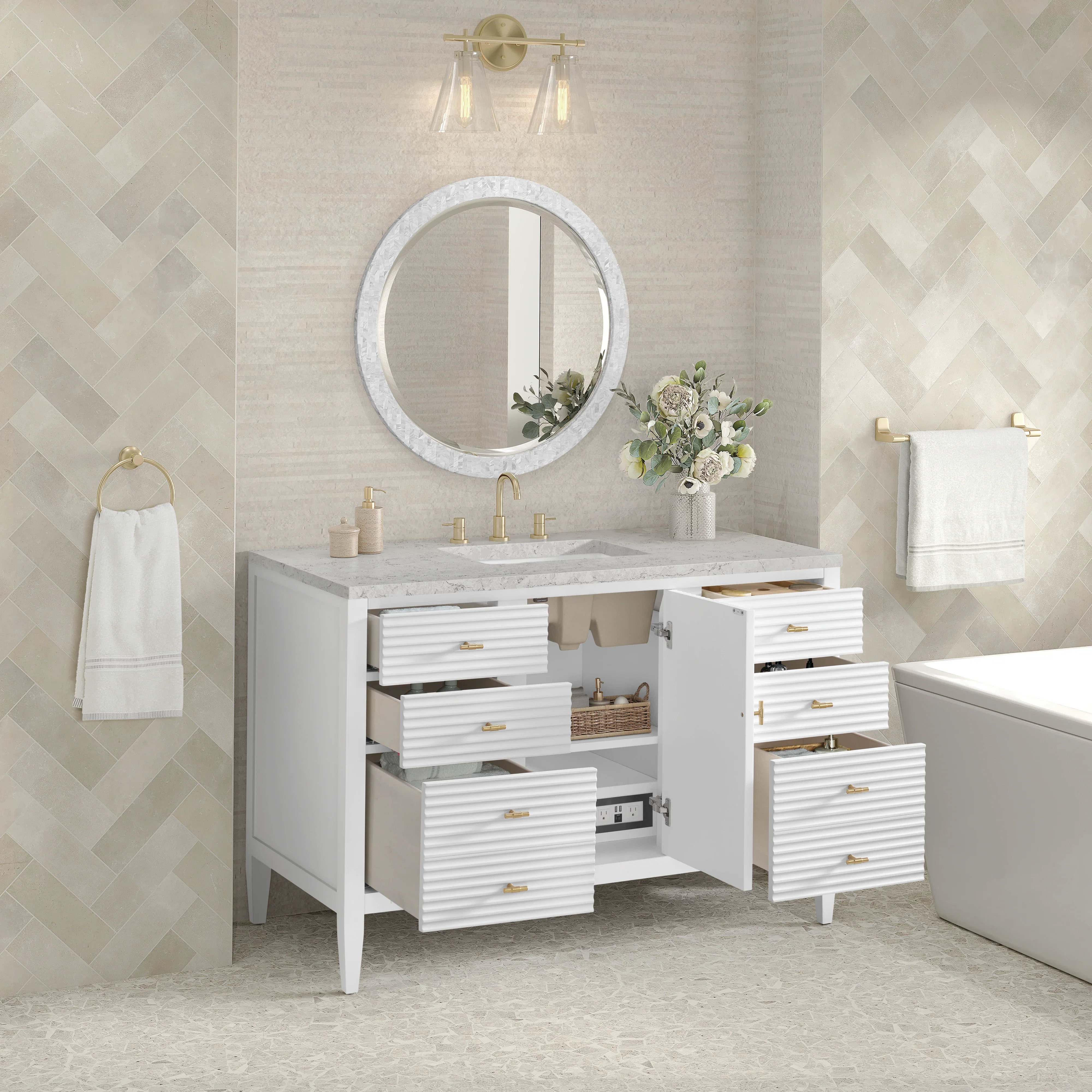 Myrrin 48" Single Vanity, Bright White w/ 3 CM Eternal Jasmine Pearl Silestone Top
