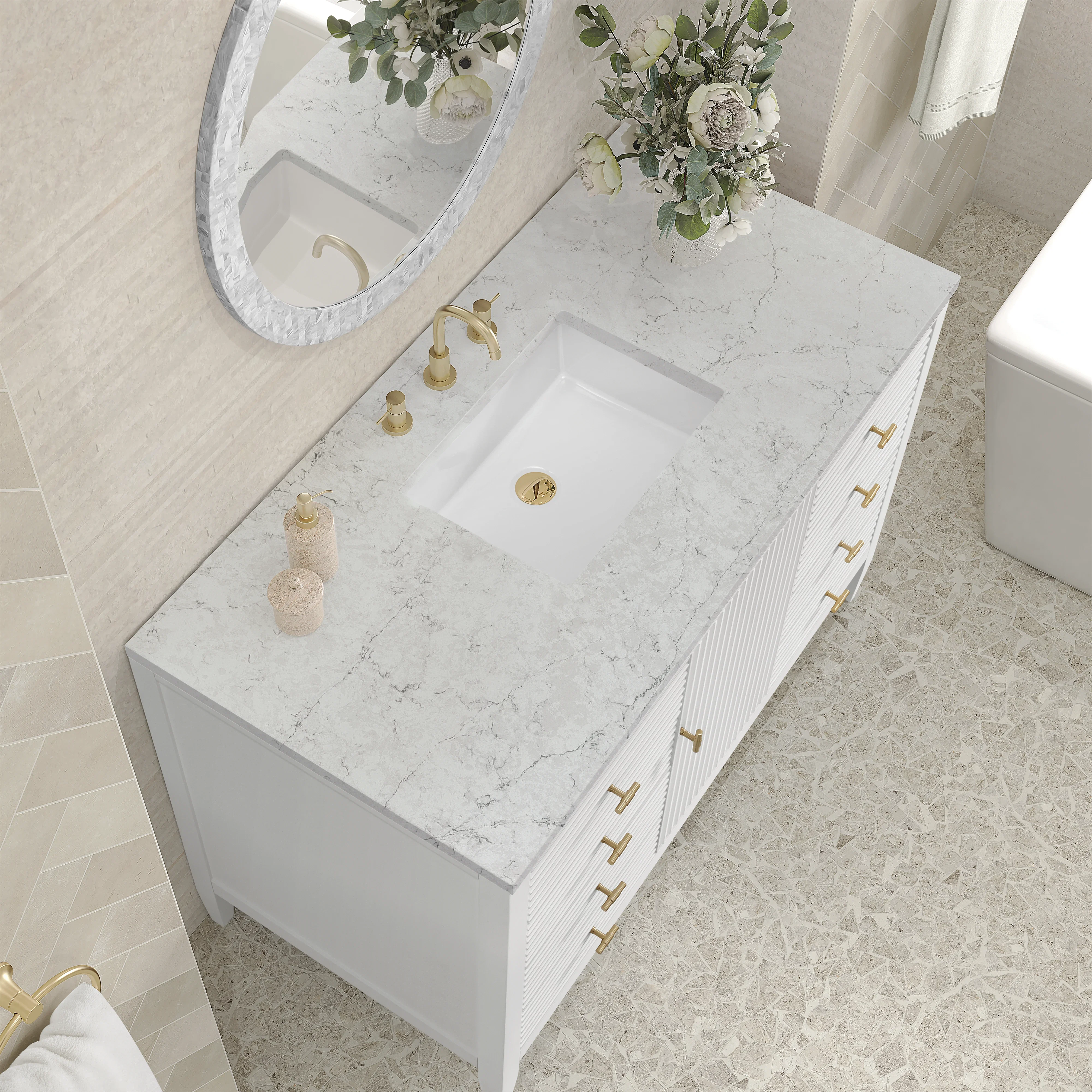 Myrrin 48" Single Vanity, Bright White w/ 3 CM Eternal Jasmine Pearl Silestone Top