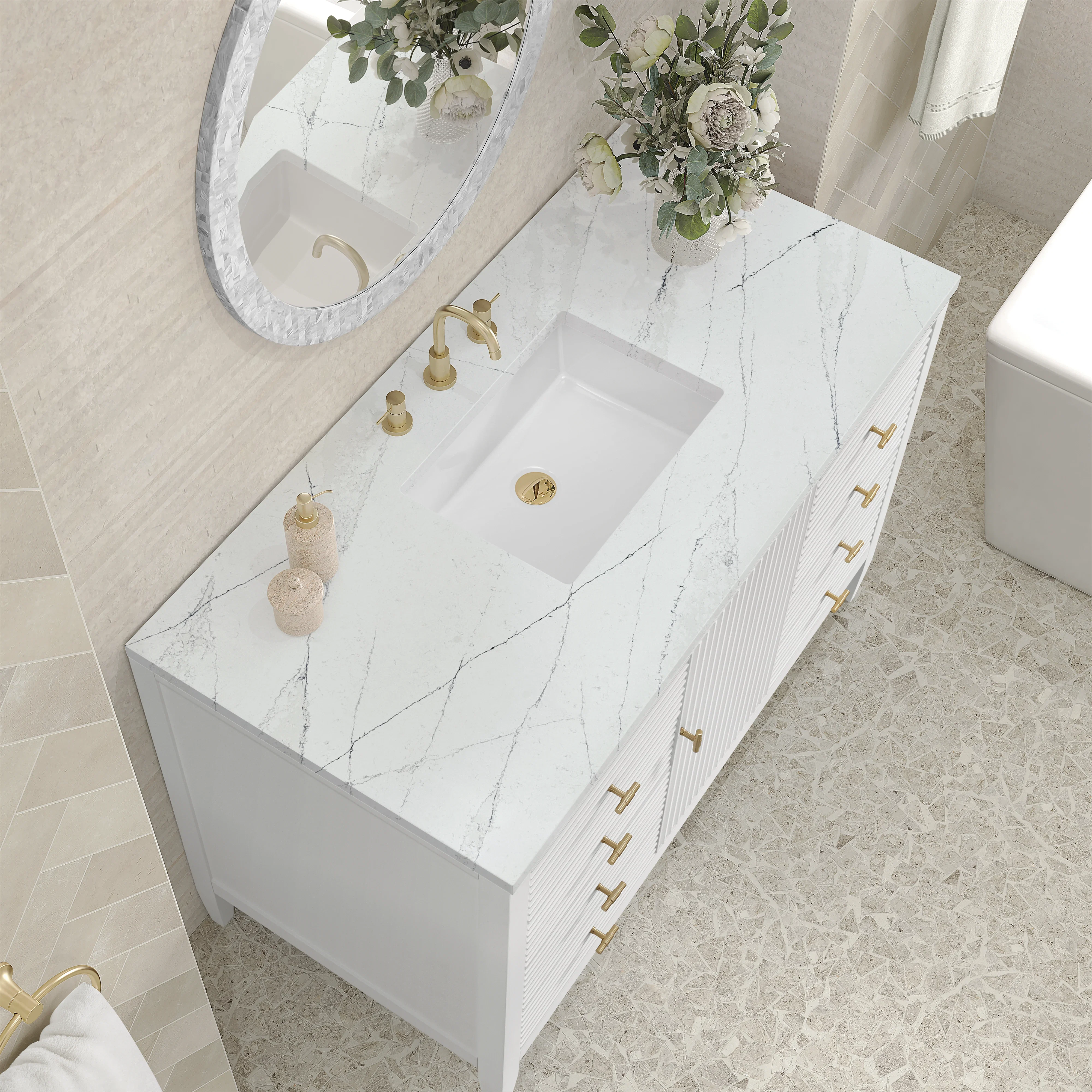 Myrrin 48" Single Vanity, Bright White w/ 3 CM Ethereal Noctis Silestone Top