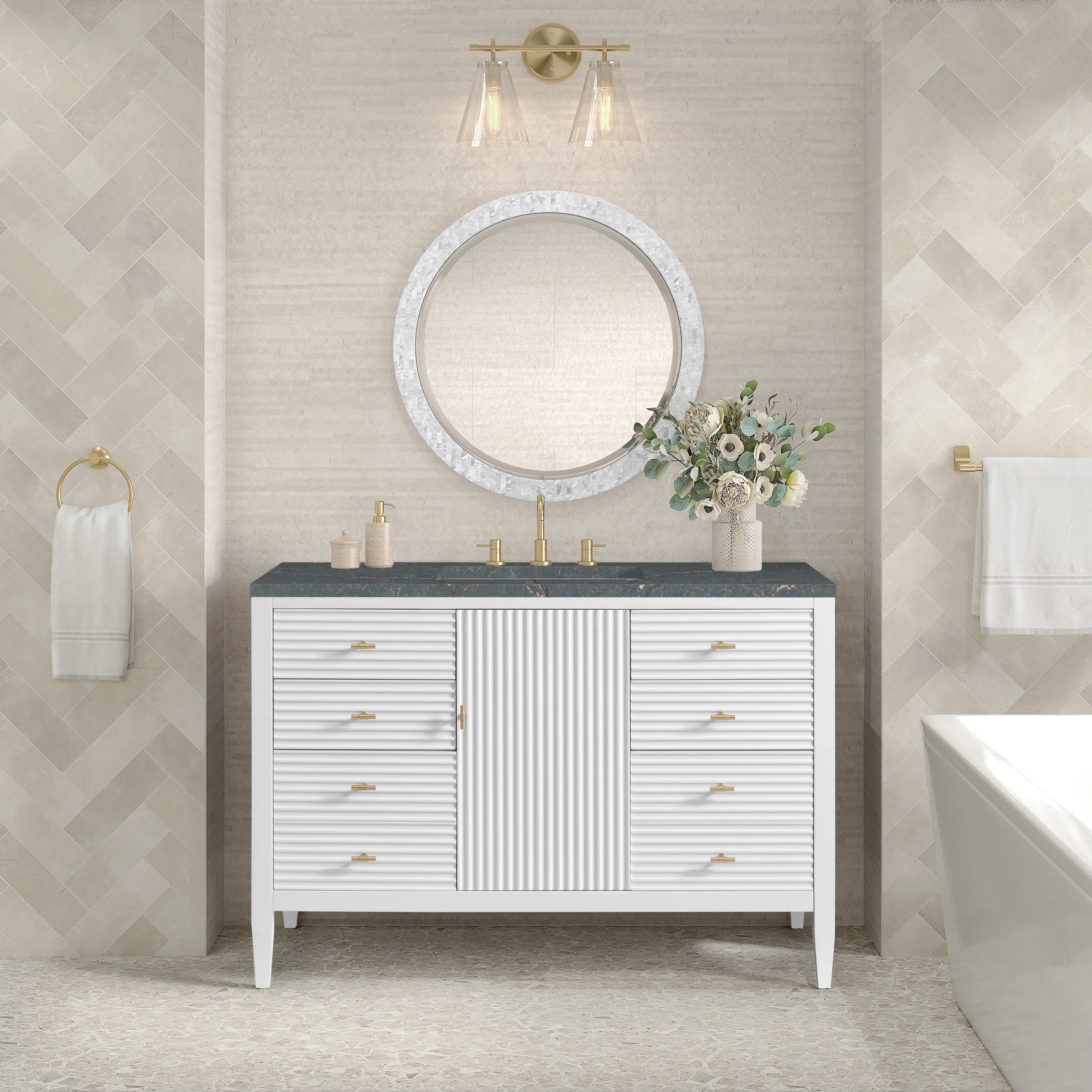 Myrrin 48" Single Vanity, Bright White w/ 3 CM Parisien Bleu Silestone Top