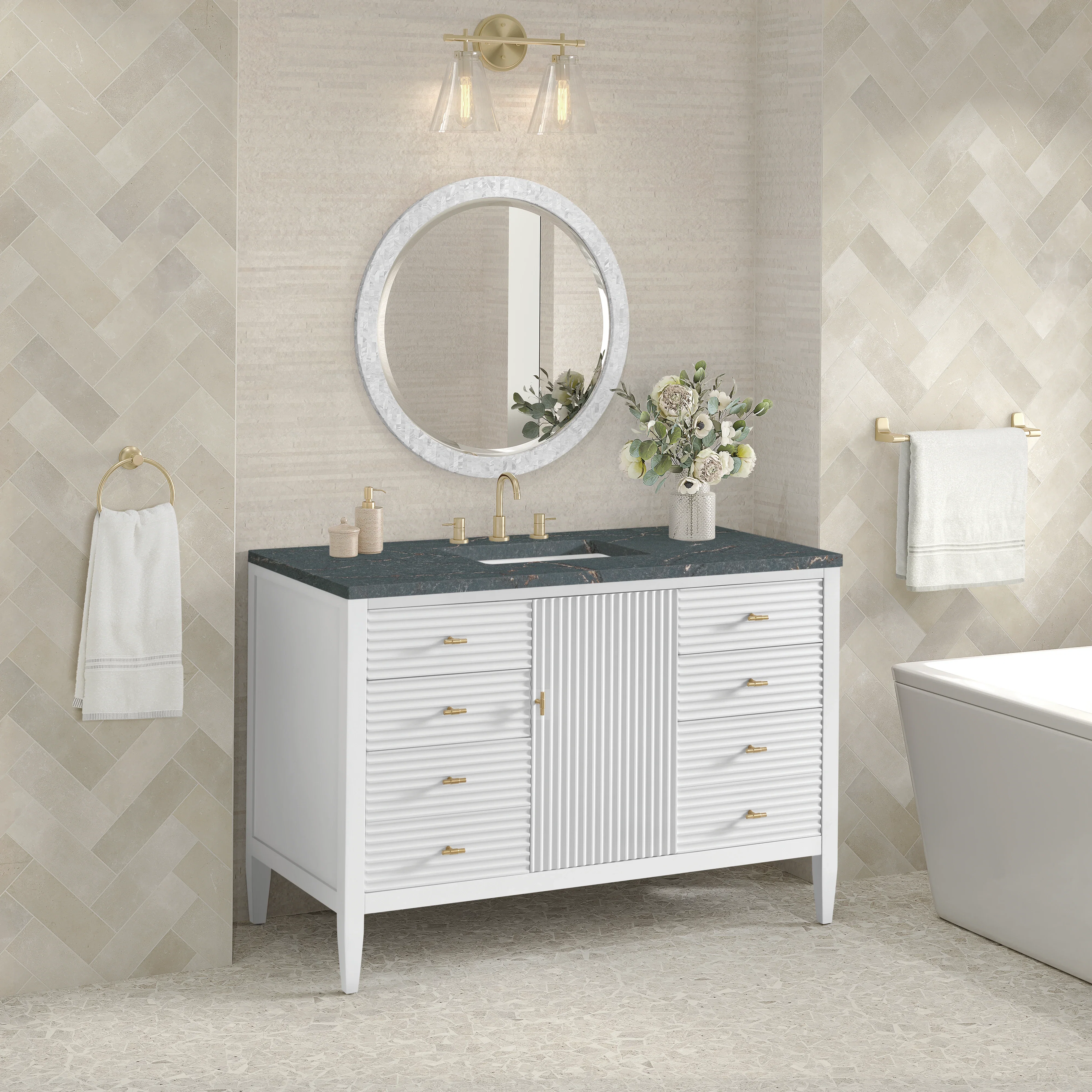 Myrrin 48" Single Vanity, Bright White w/ 3 CM Parisien Bleu Silestone Top