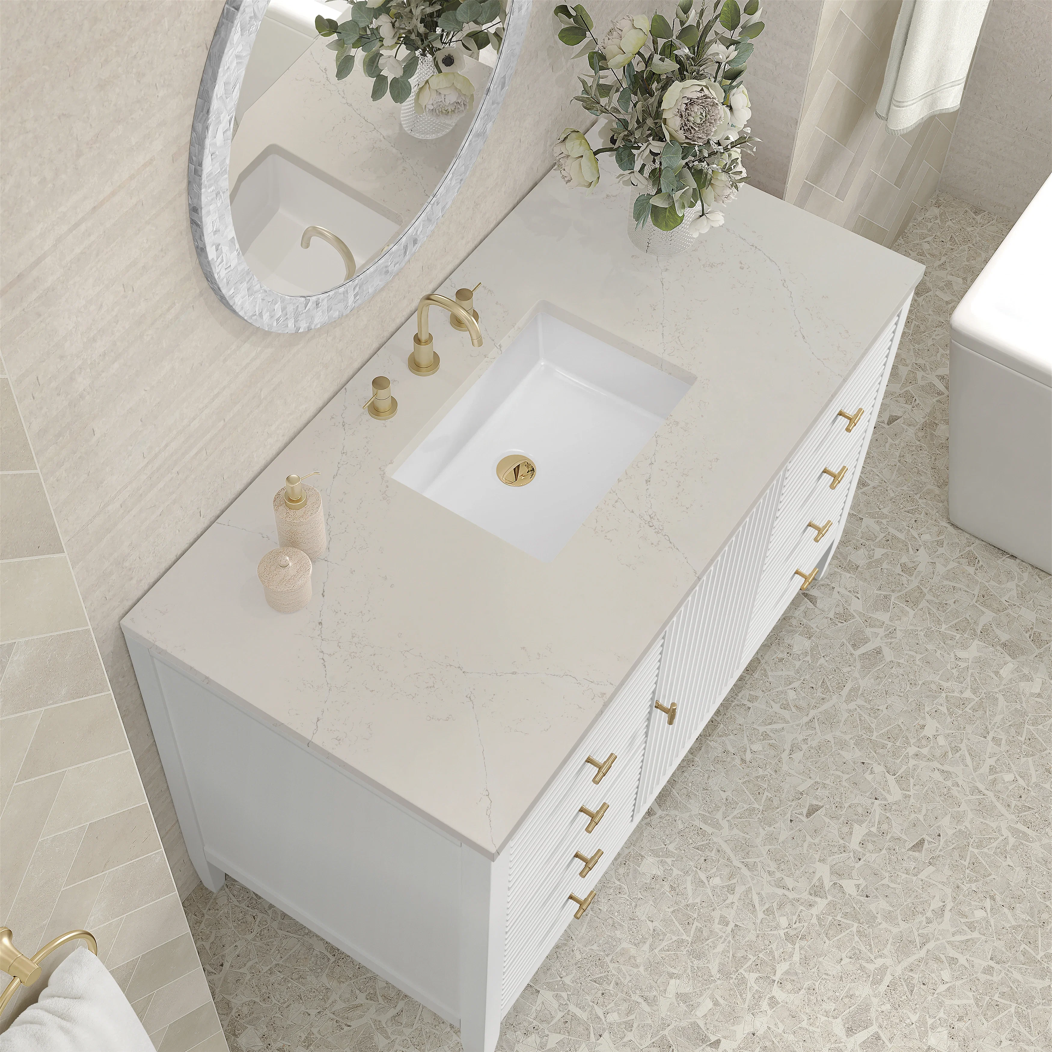 Myrrin 48" Single Vanity, Bright White, w/ 3 CM Siberian Silestone Top