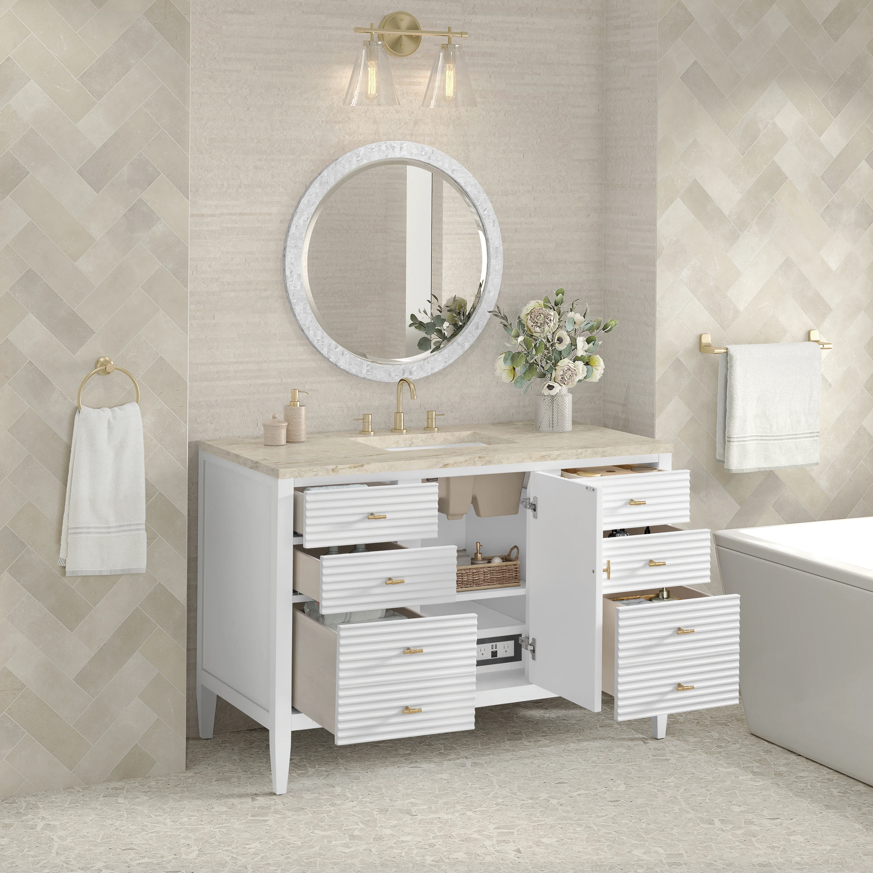 Myrrin 48" Single Vanity, Bright White, w/ 3 CM Tajnar Eclos Top