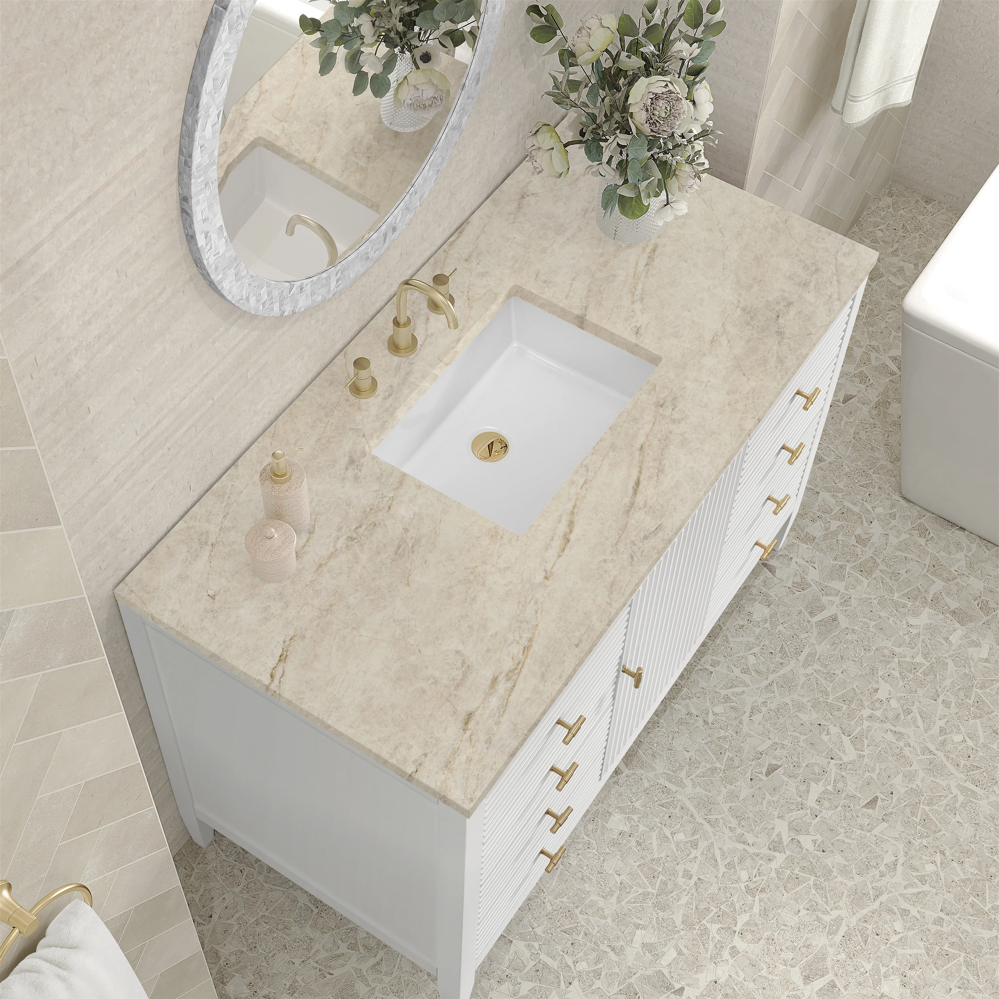 Myrrin 48" Single Vanity, Bright White, w/ 3 CM Tajnar Eclos Top