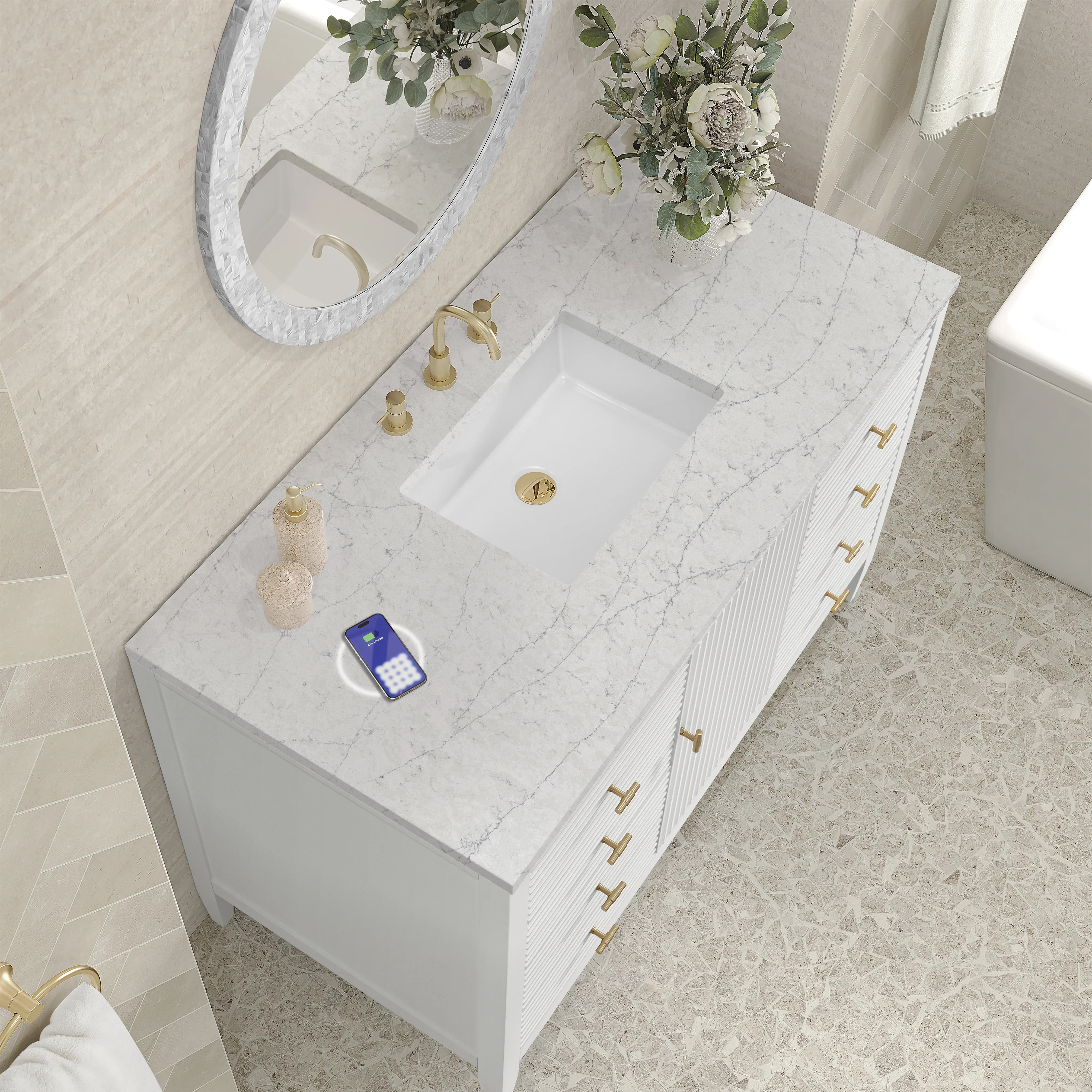 Myrrin 48" Single Vanity, Bright White w/ 3 CM Eternal Jasmine Pearl Silestone Top w/FreePower Wireless Charger