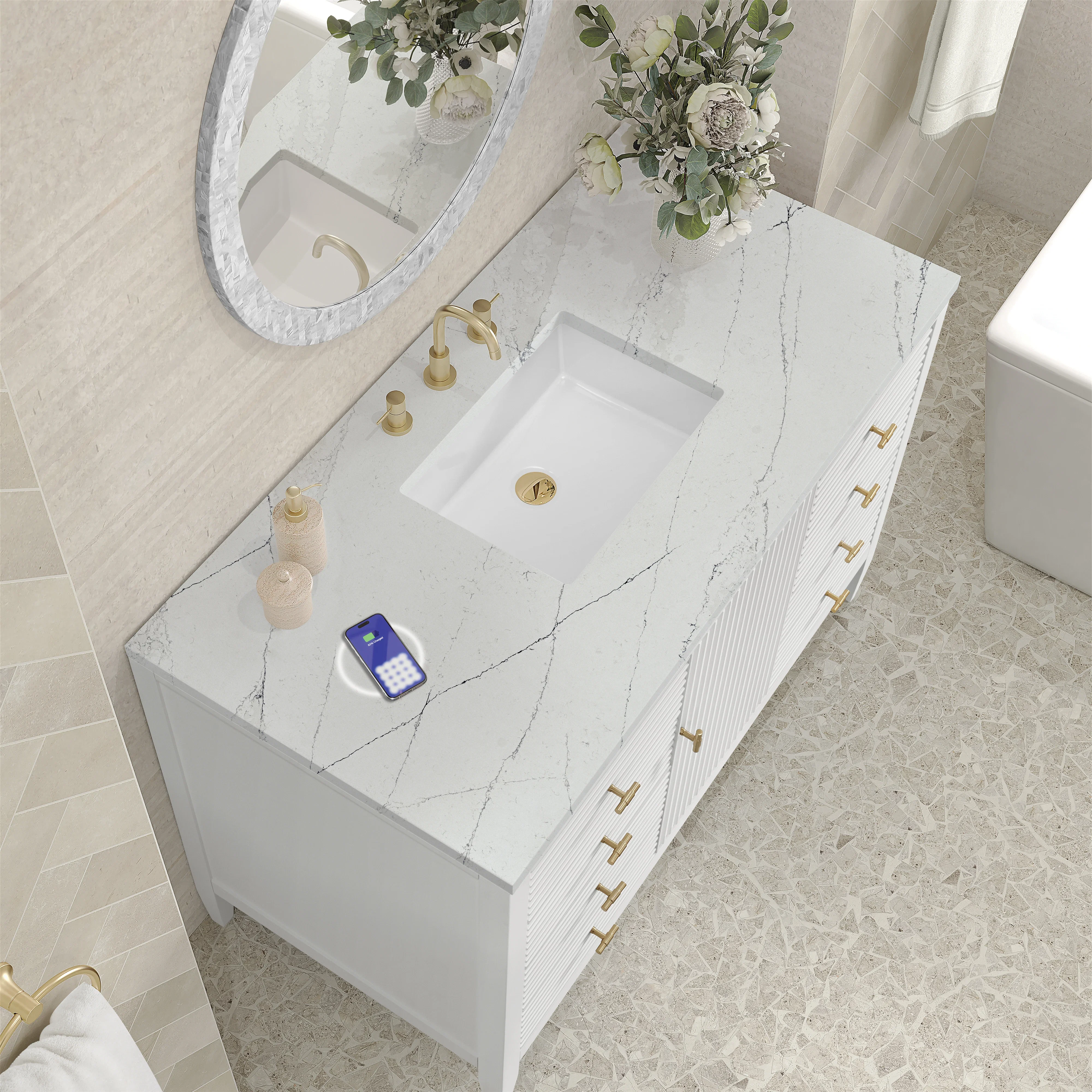Myrrin 48" Single Vanity, Bright White w/ 3 CM Ethereal Noctis Silestone Top w/FreePower Wireless Charger
