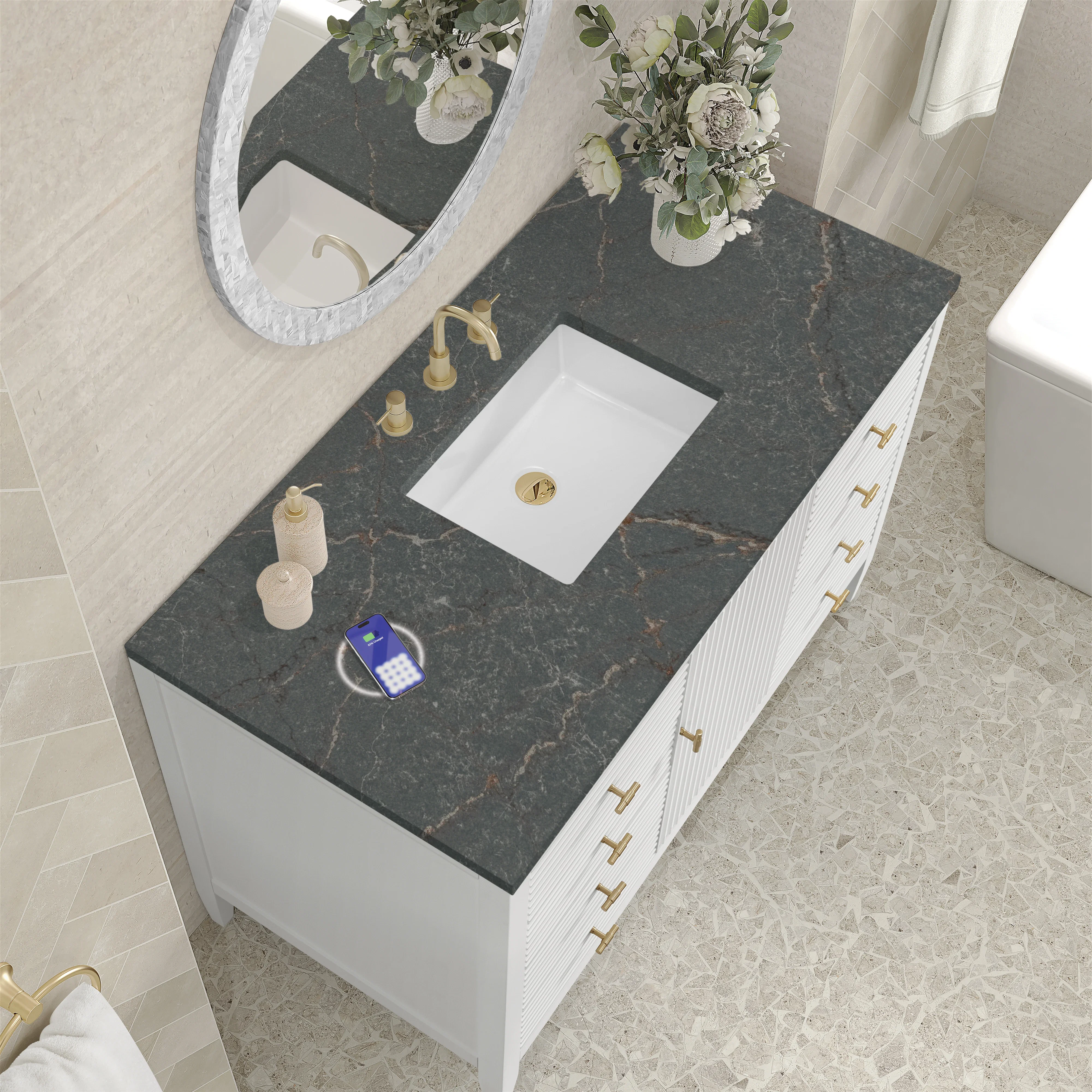 Myrrin 48" Single Vanity, Bright White w/ 3 CM Parisien Bleu Silestone Top w/FreePower Wireless Charger