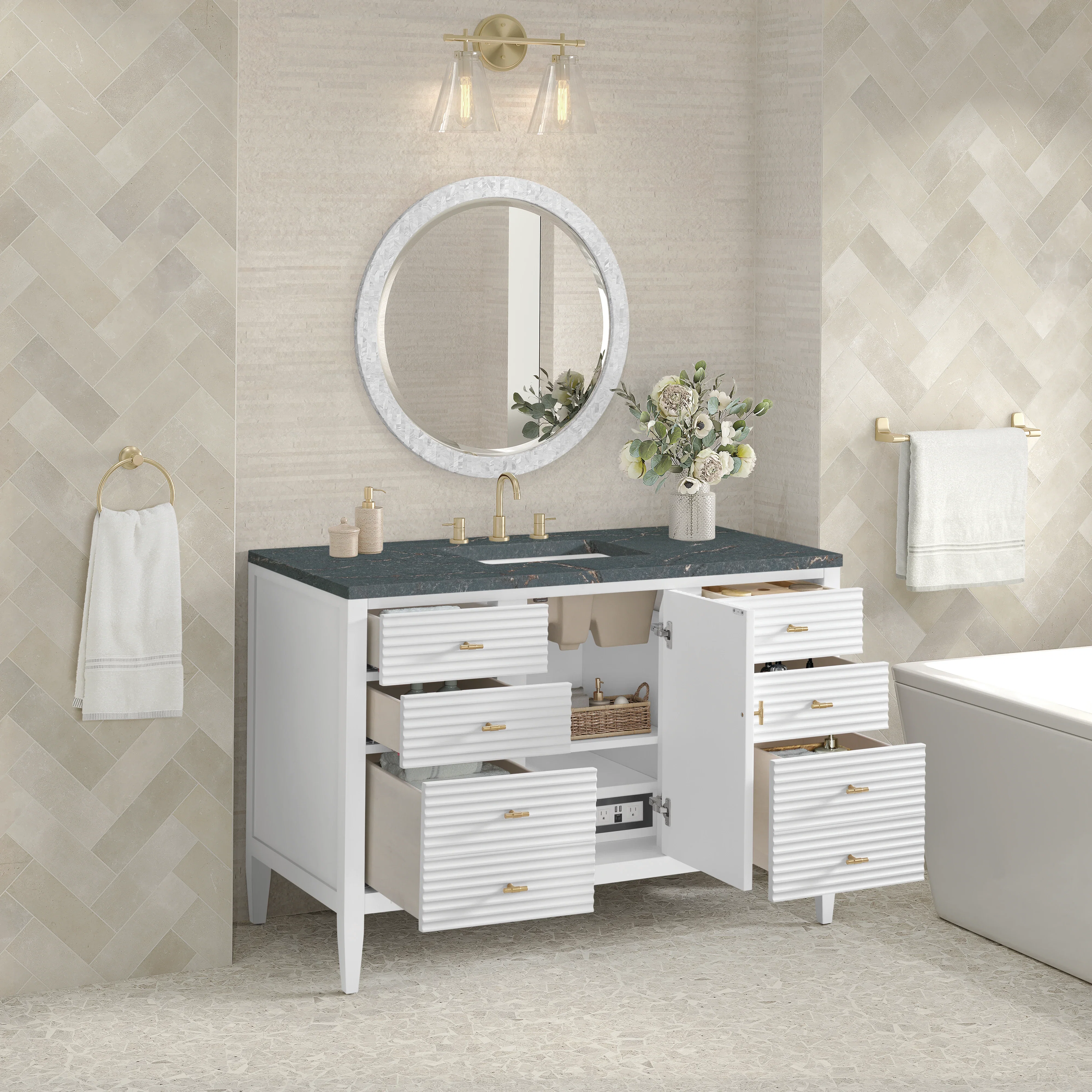 Myrrin 48" Single Vanity, Bright White w/ 3 CM Parisien Bleu Silestone Top w/FreePower Wireless Charger