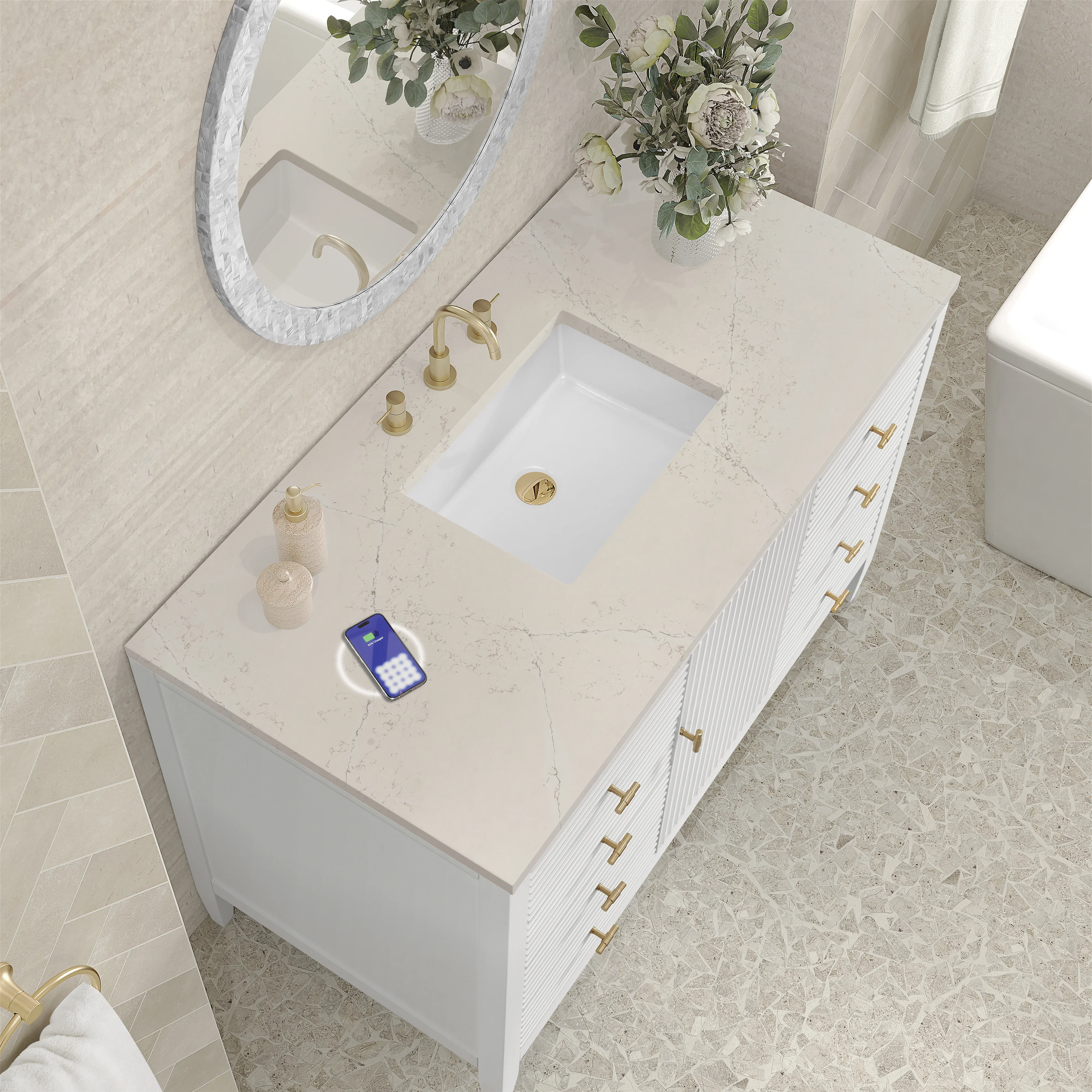 Myrrin 48" Single Vanity, Bright White, w/ 3 CM Siberian Silestone Top w/FreePower Wireless Charger
