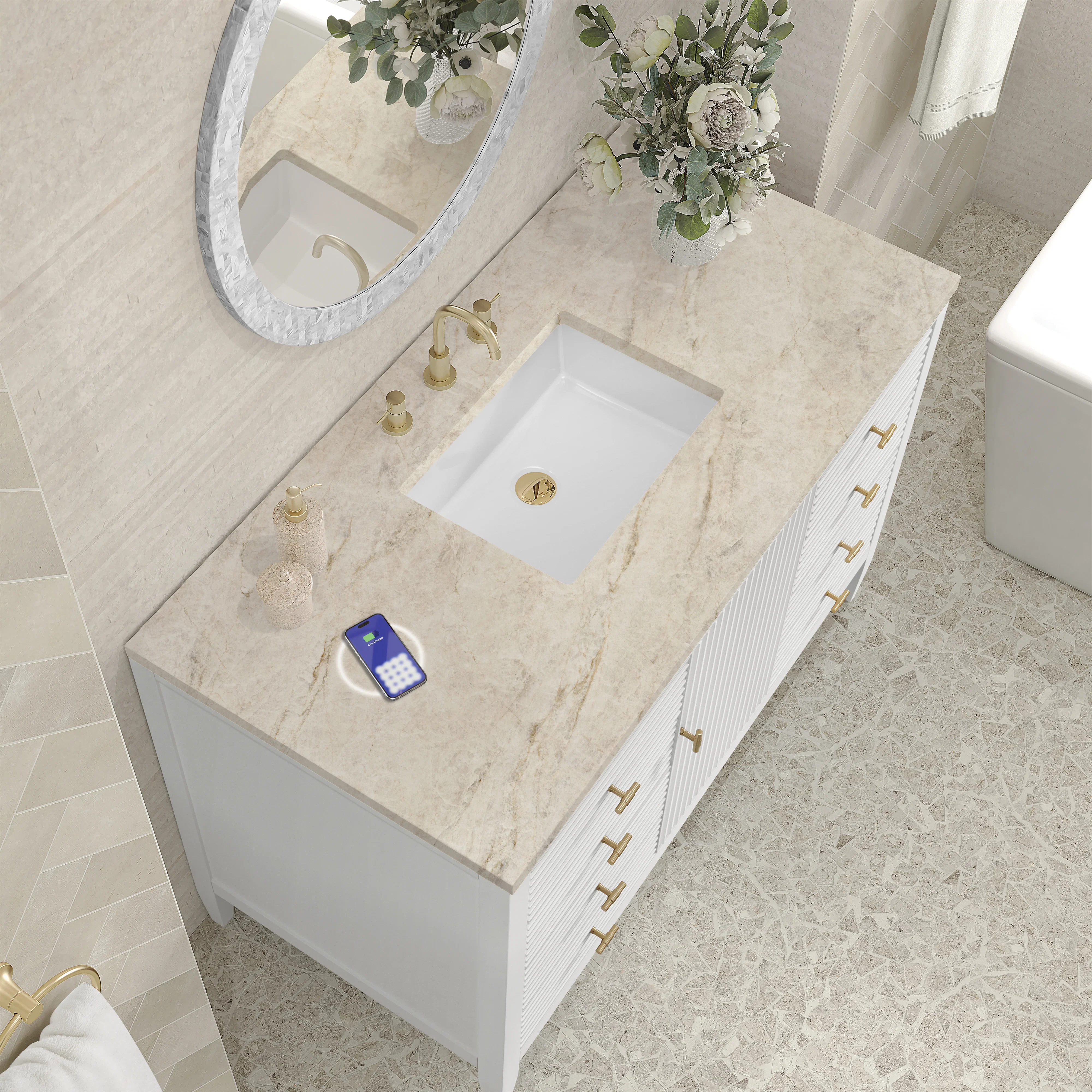 Myrrin 48" Single Vanity, Bright White, w/ 3 CM Tajnar Eclos Top w/FreePower Wireless Charger