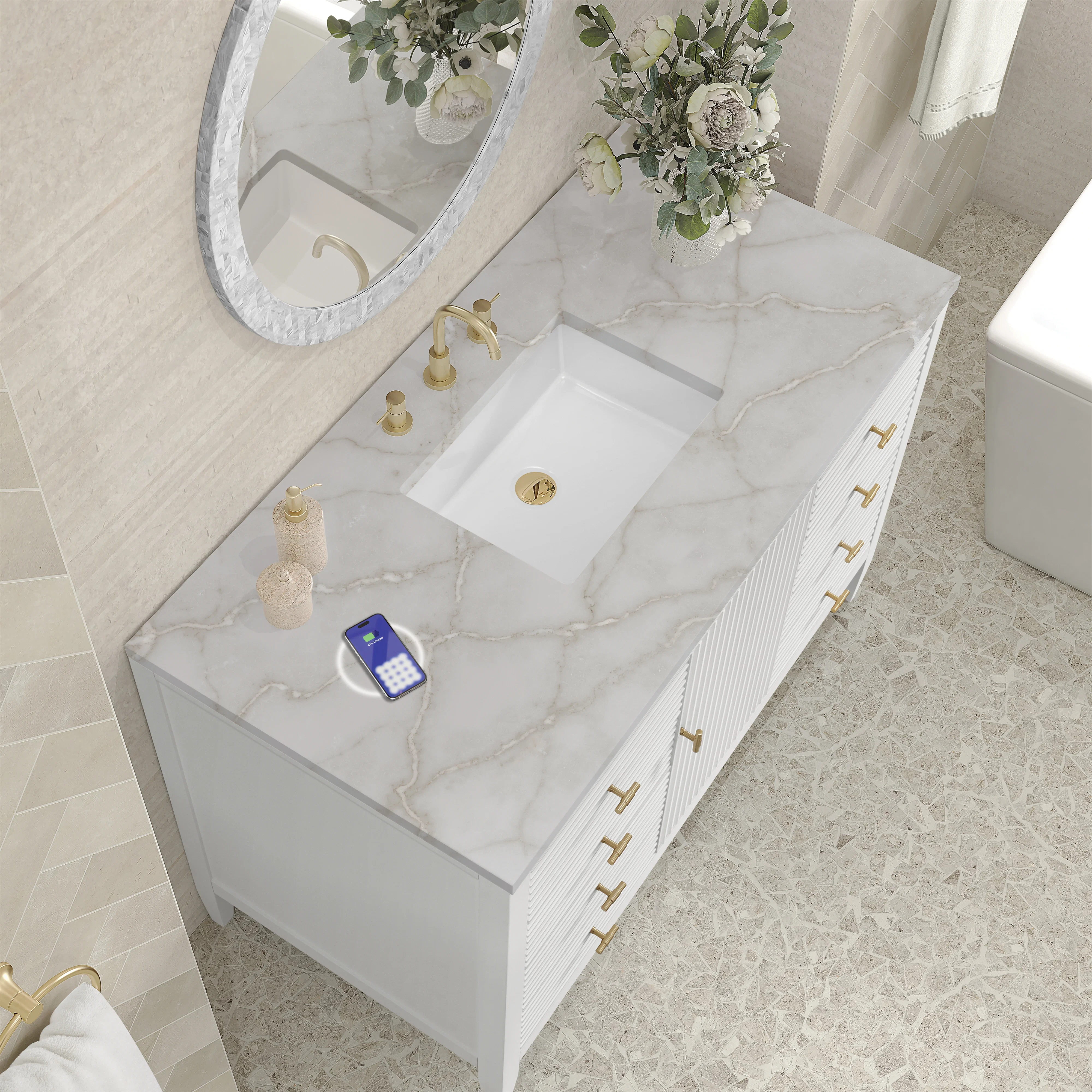 Myrrin 48" Single Vanity, Bright White w/ 3 CM Victorian Silver Silestone Top w/FreePower Wireless Charger