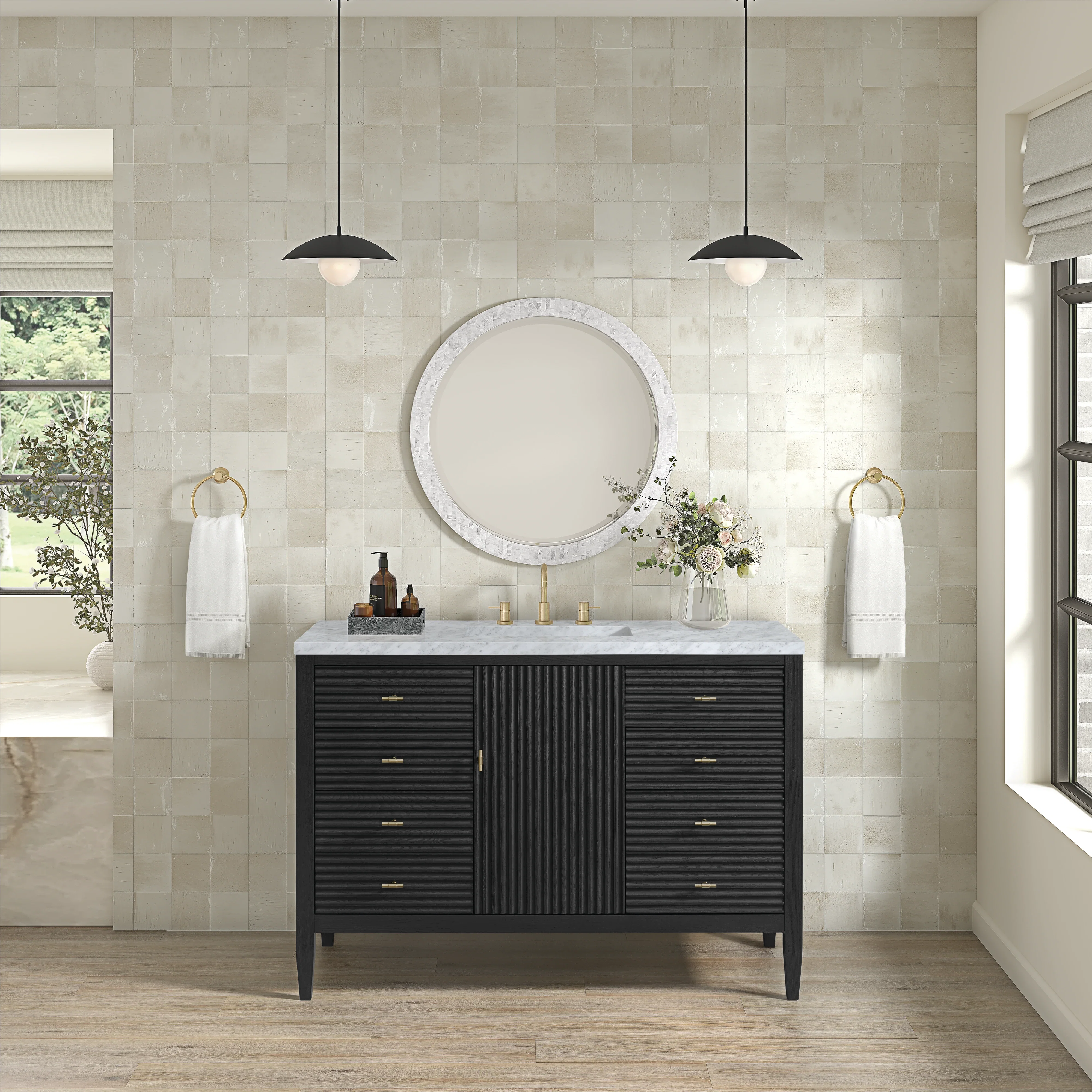 Myrrin 48" Single Vanity, Carbon Oak w/ 3 CM Carrara White Marble Top