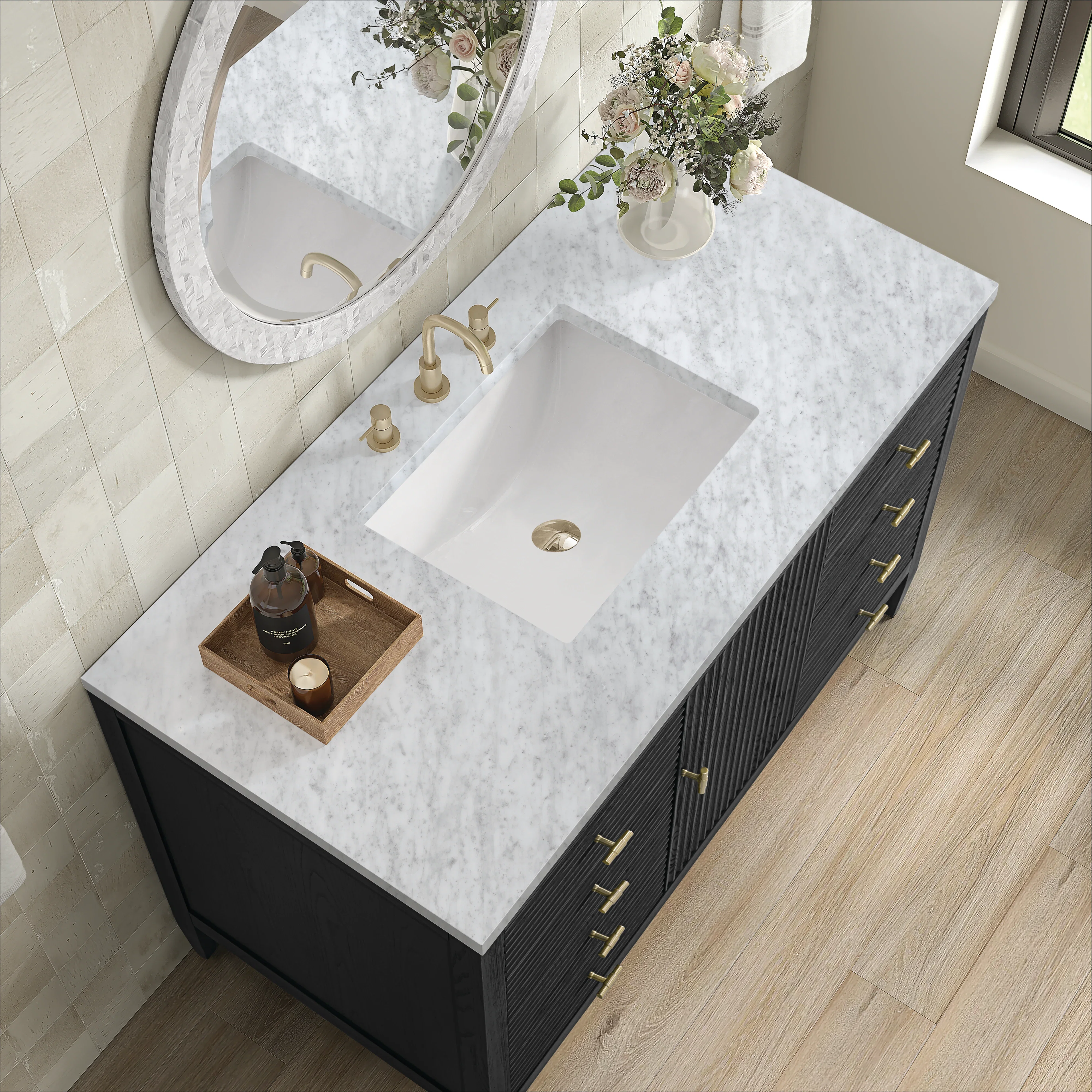 Myrrin 48" Single Vanity, Carbon Oak w/ 3 CM Carrara White Marble Top