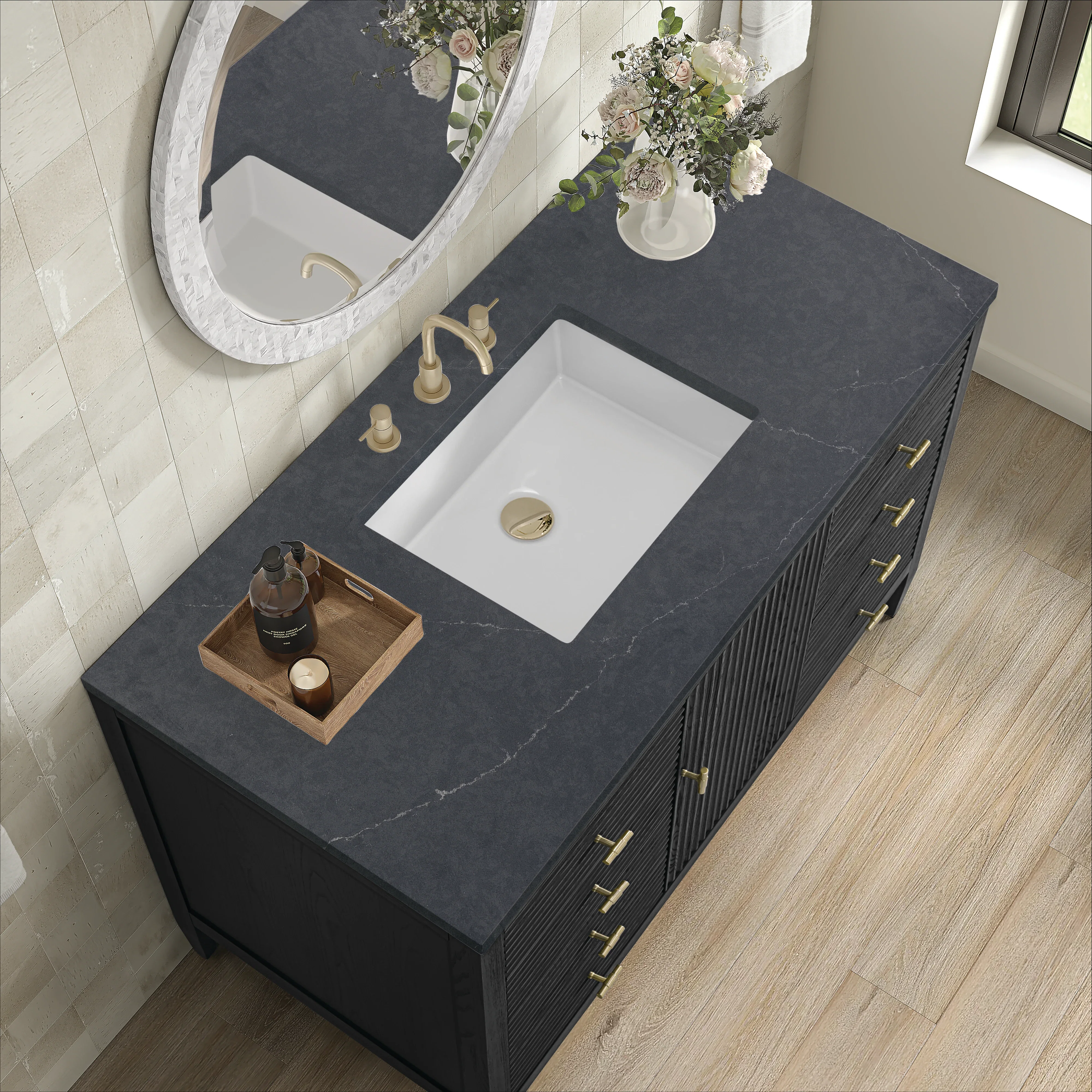 Myrrin 48" Single Vanity, Carbon Oak w/ 3 CM Charcoal Soapstone Silestone Top
