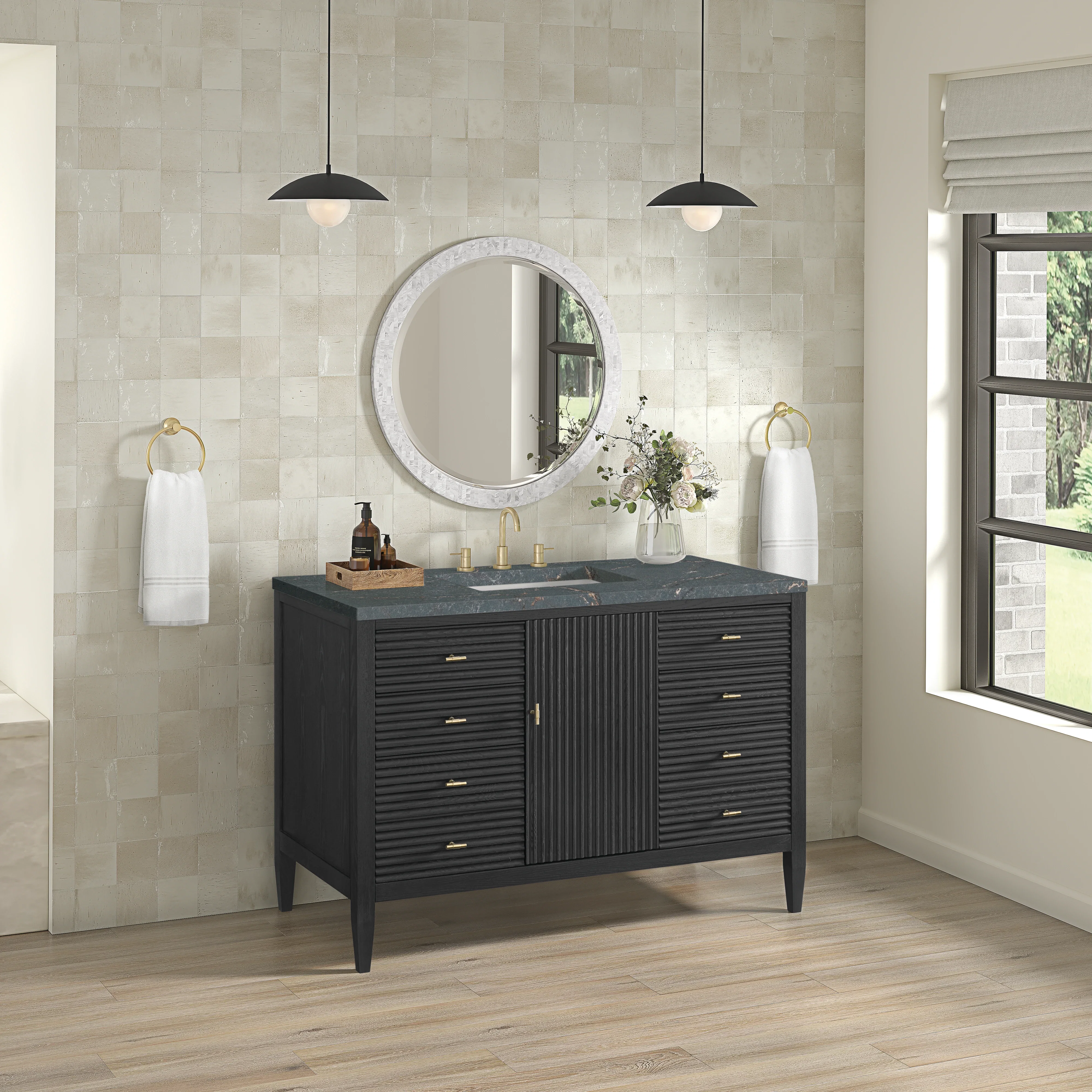 Myrrin 48" Single Vanity, Carbon Oak w/ 3 CM Parisien Bleu Silestone Top