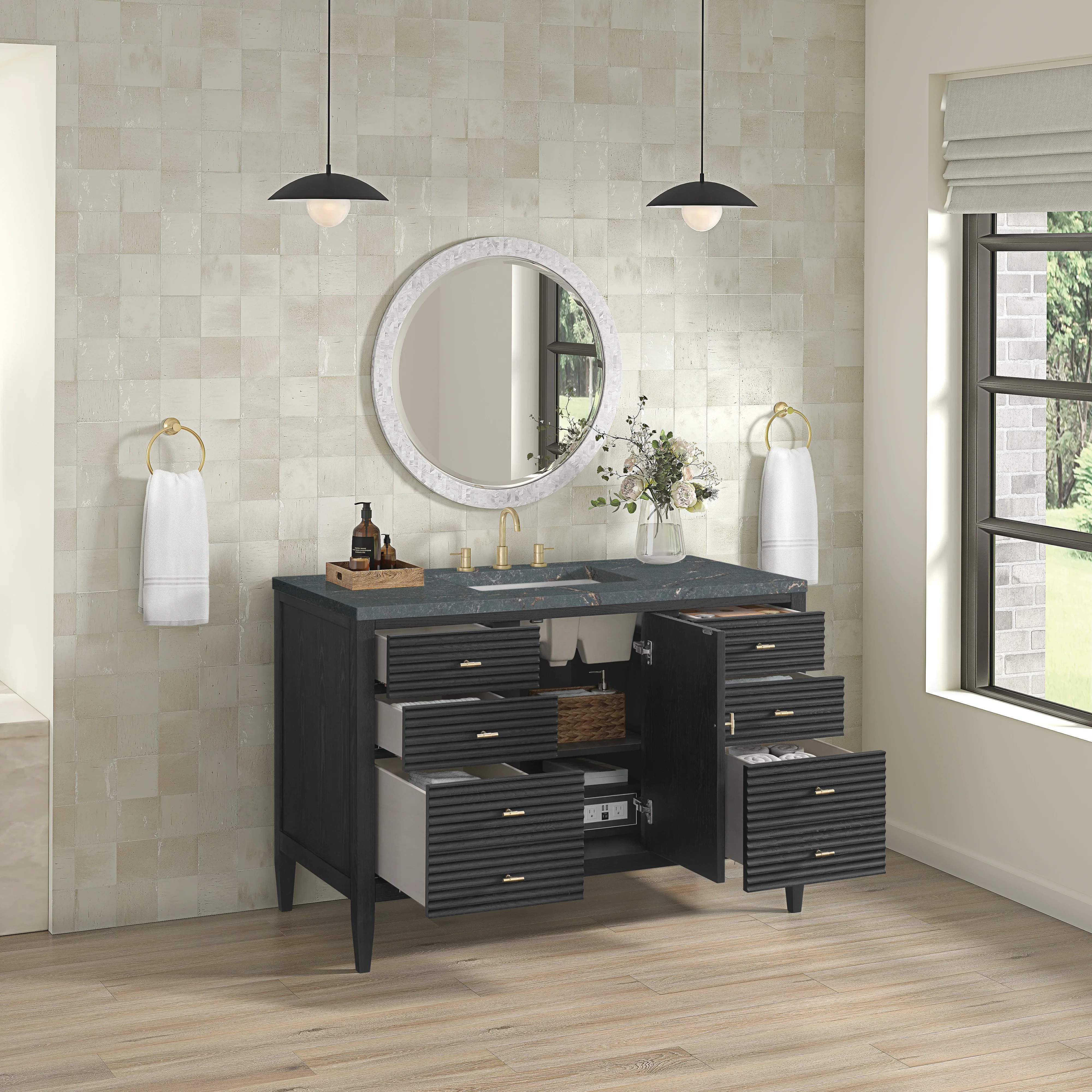 Myrrin 48" Single Vanity, Carbon Oak w/ 3 CM Parisien Bleu Silestone Top