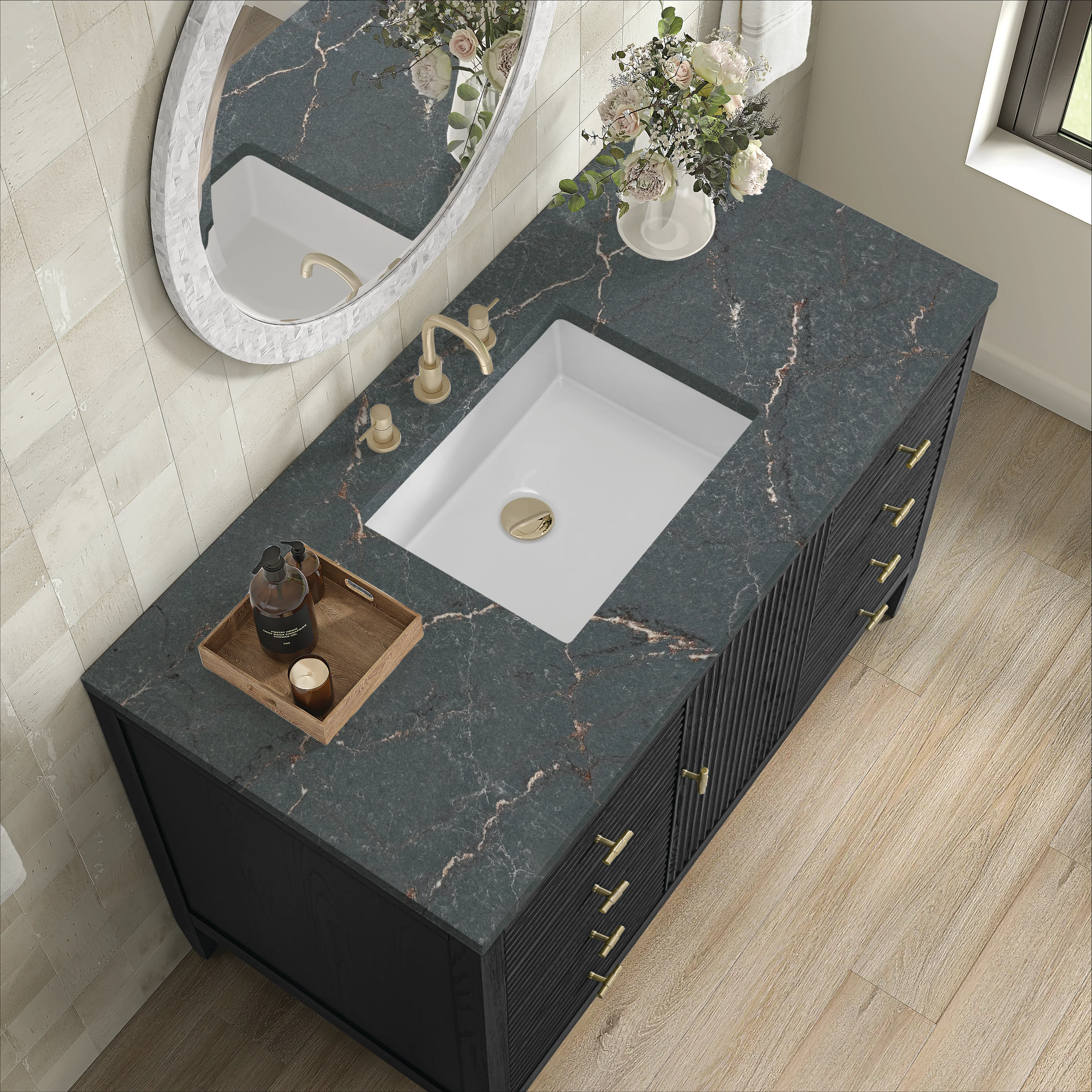Myrrin 48" Single Vanity, Carbon Oak w/ 3 CM Parisien Bleu Silestone Top
