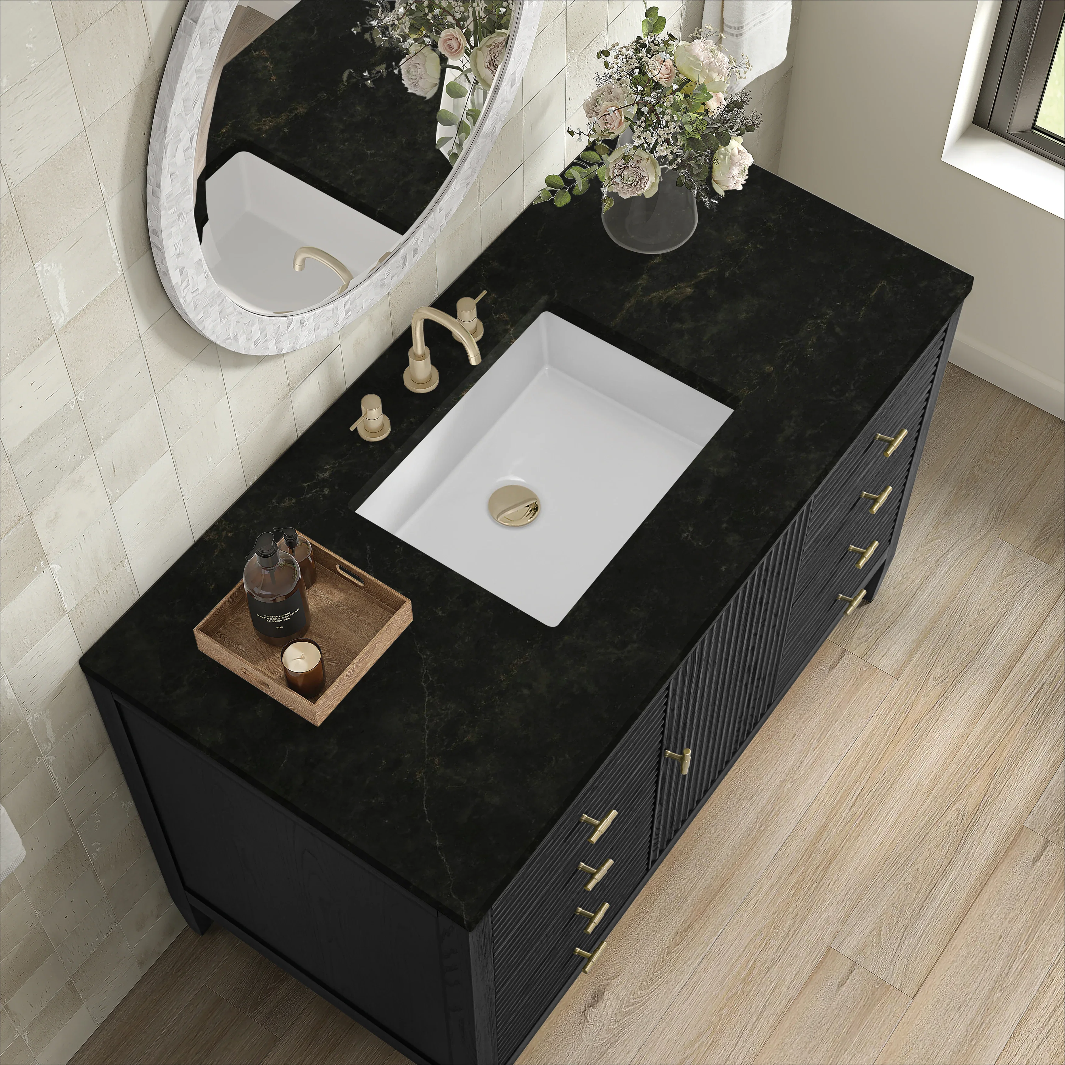 Myrrin 48" Single Vanity, Carbon Oak, w/ 3 CM Phantome Eclos Top
