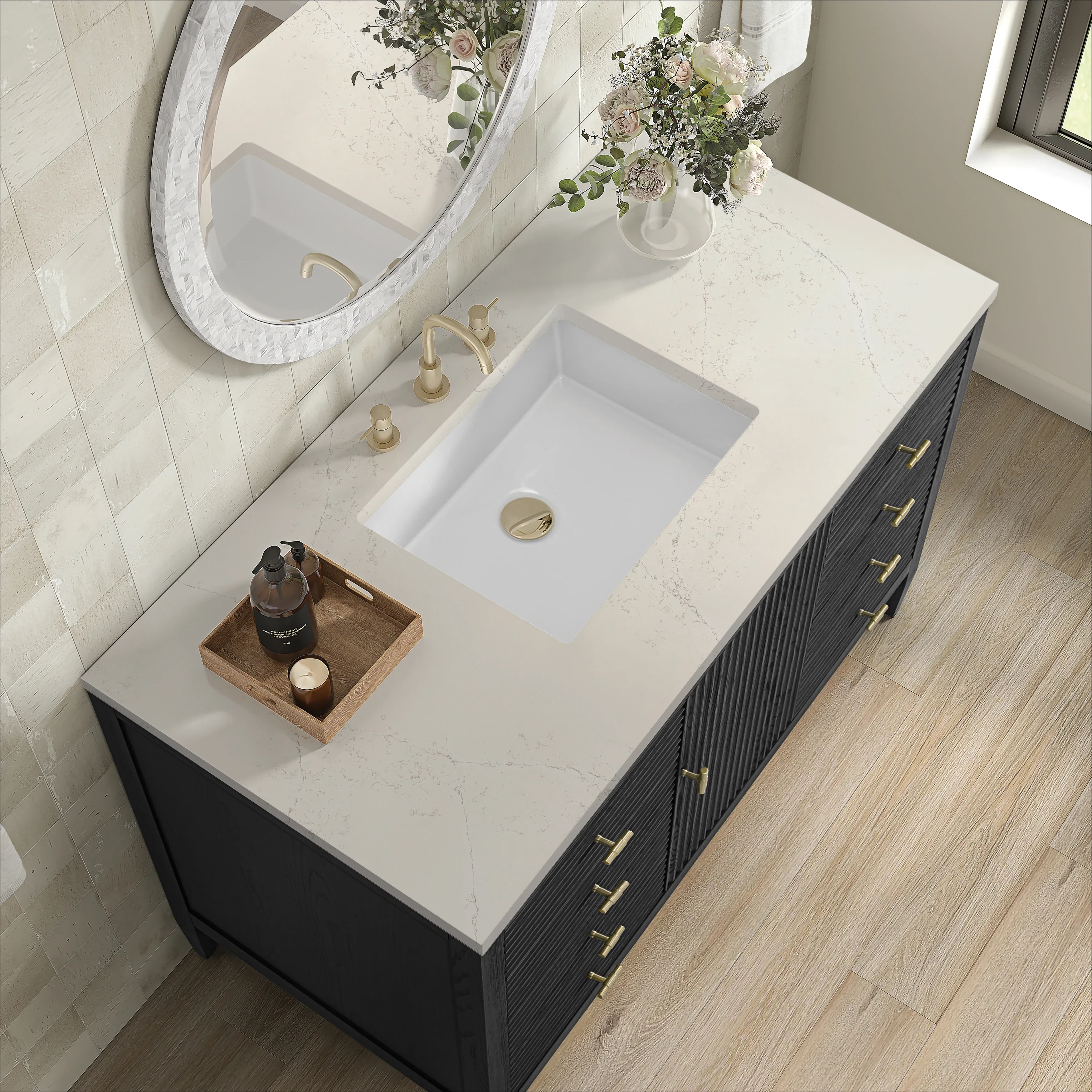 Myrrin 48" Single Vanity, Carbon Oak, w/ 3 CM Siberian Silestone Top