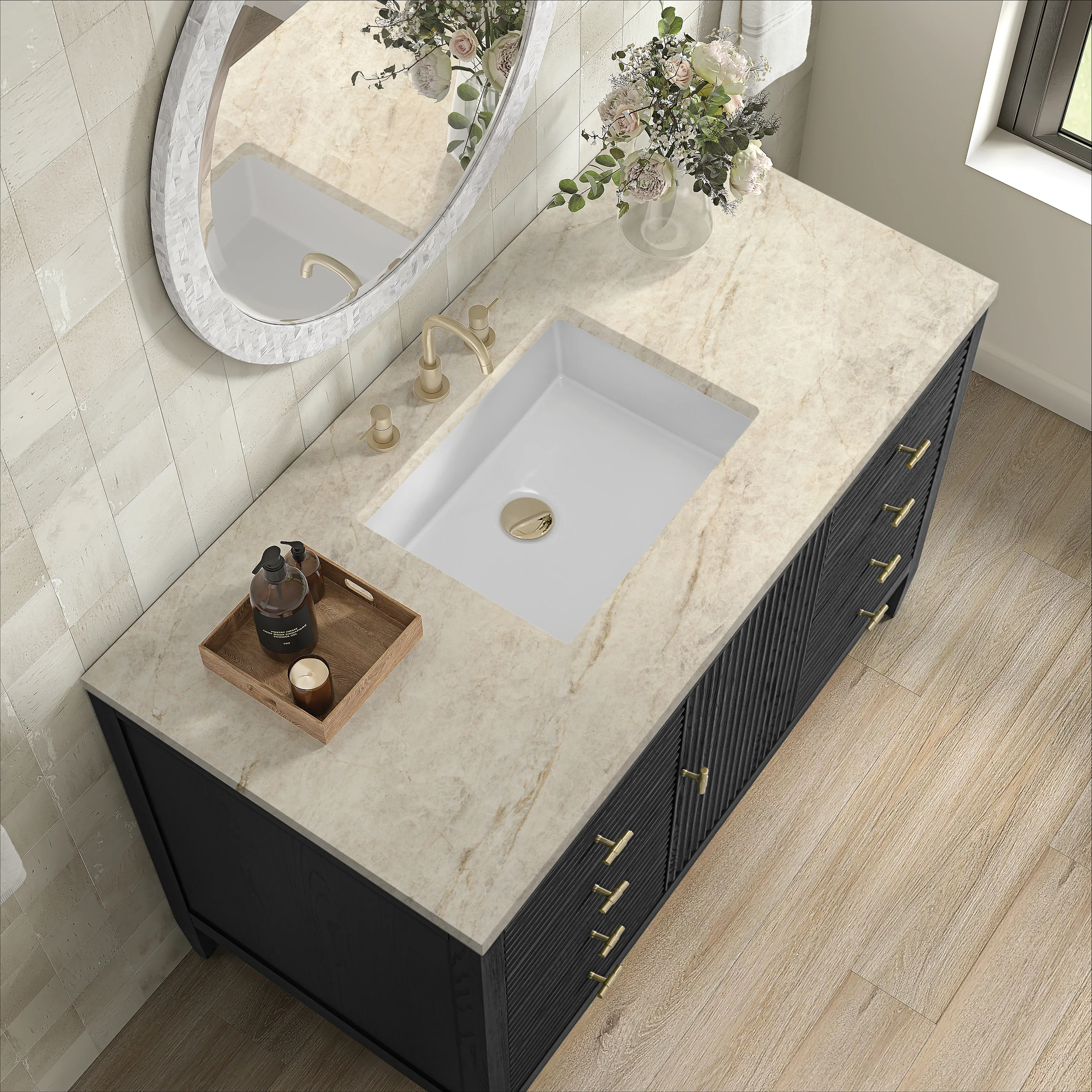 Myrrin 48" Single Vanity, Carbon Oak, w/ 3 CM Tajnar Eclos Top