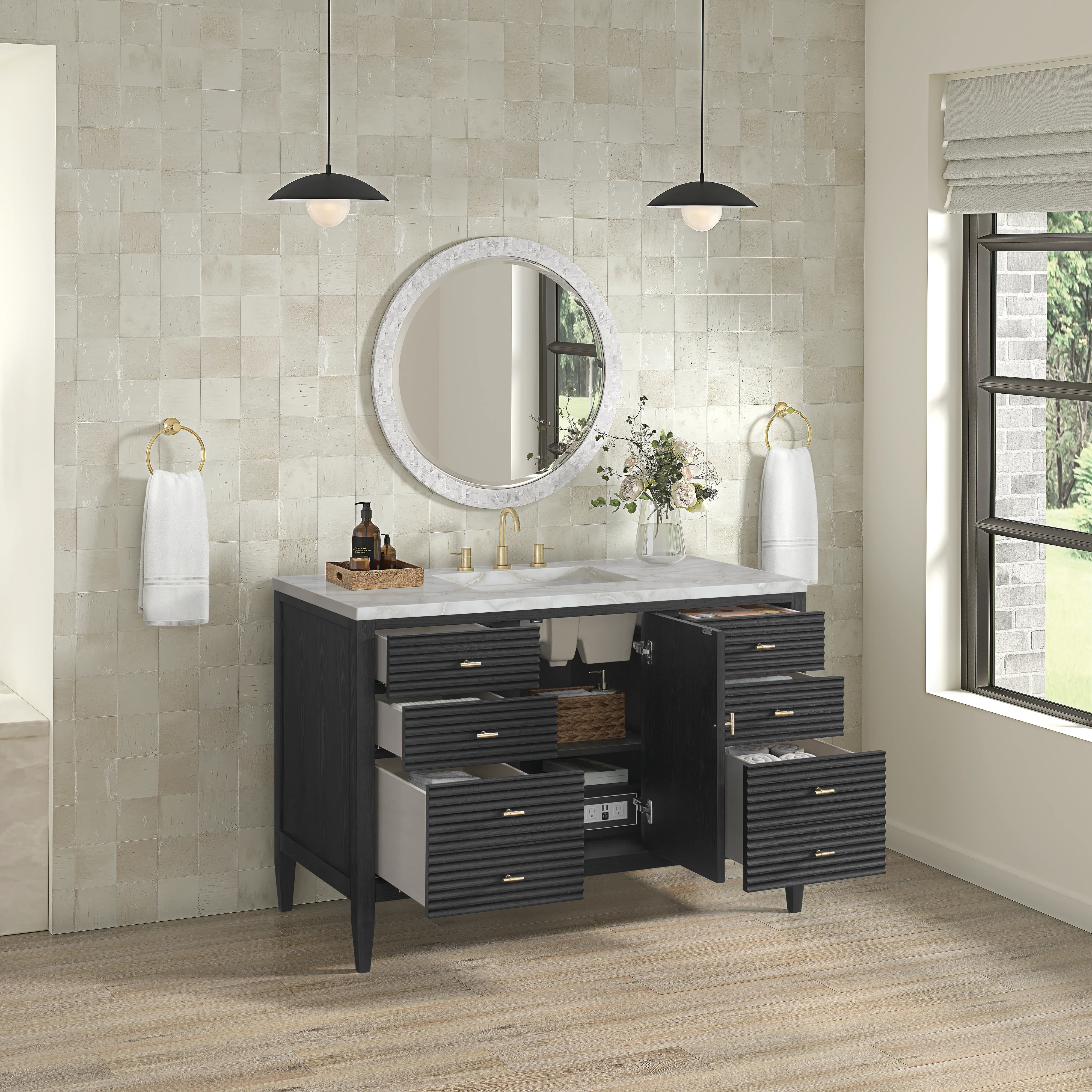 Myrrin 48" Single Vanity, Carbon Oak w/ 3 CM Victorian Silver Silestone Top