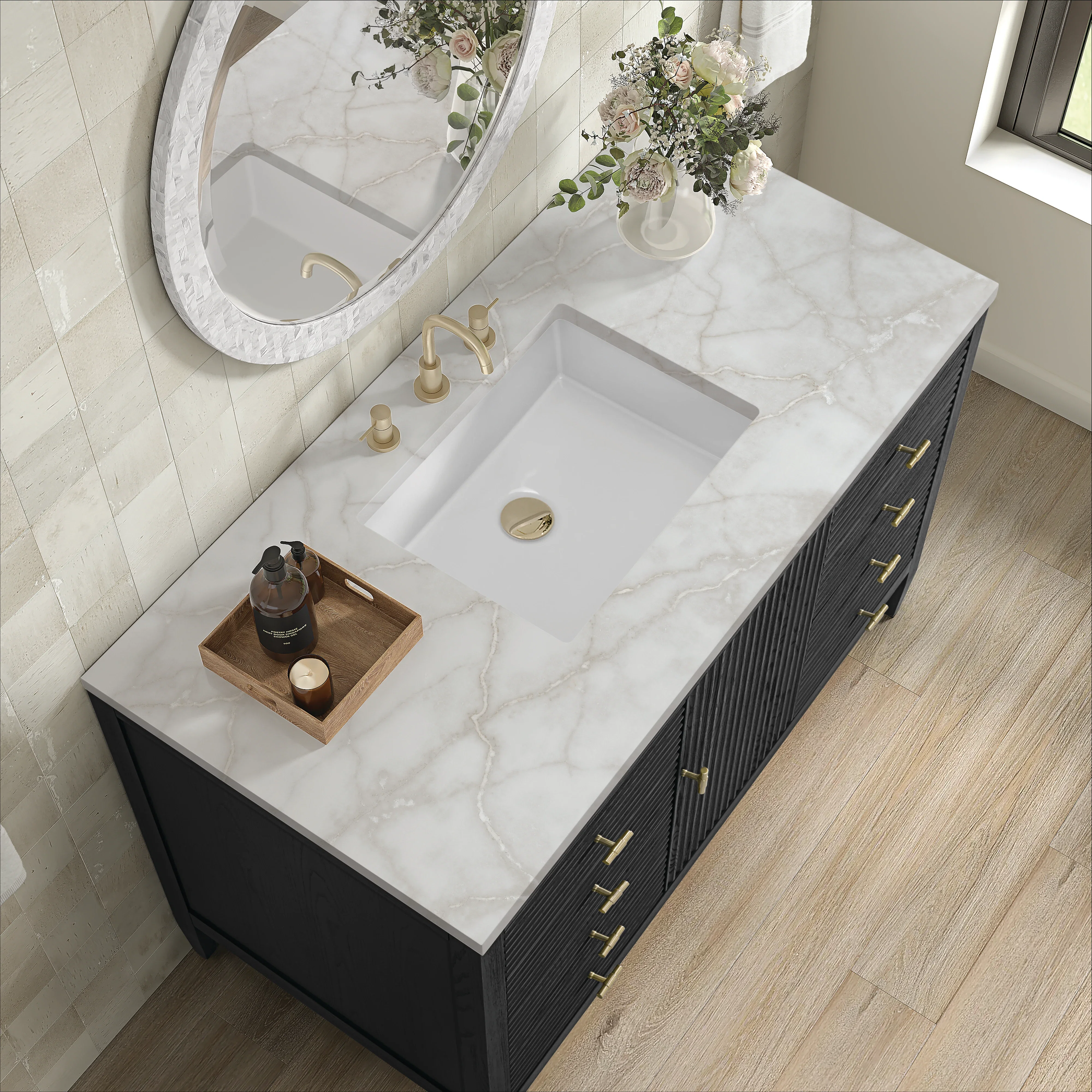Myrrin 48" Single Vanity, Carbon Oak w/ 3 CM Victorian Silver Silestone Top