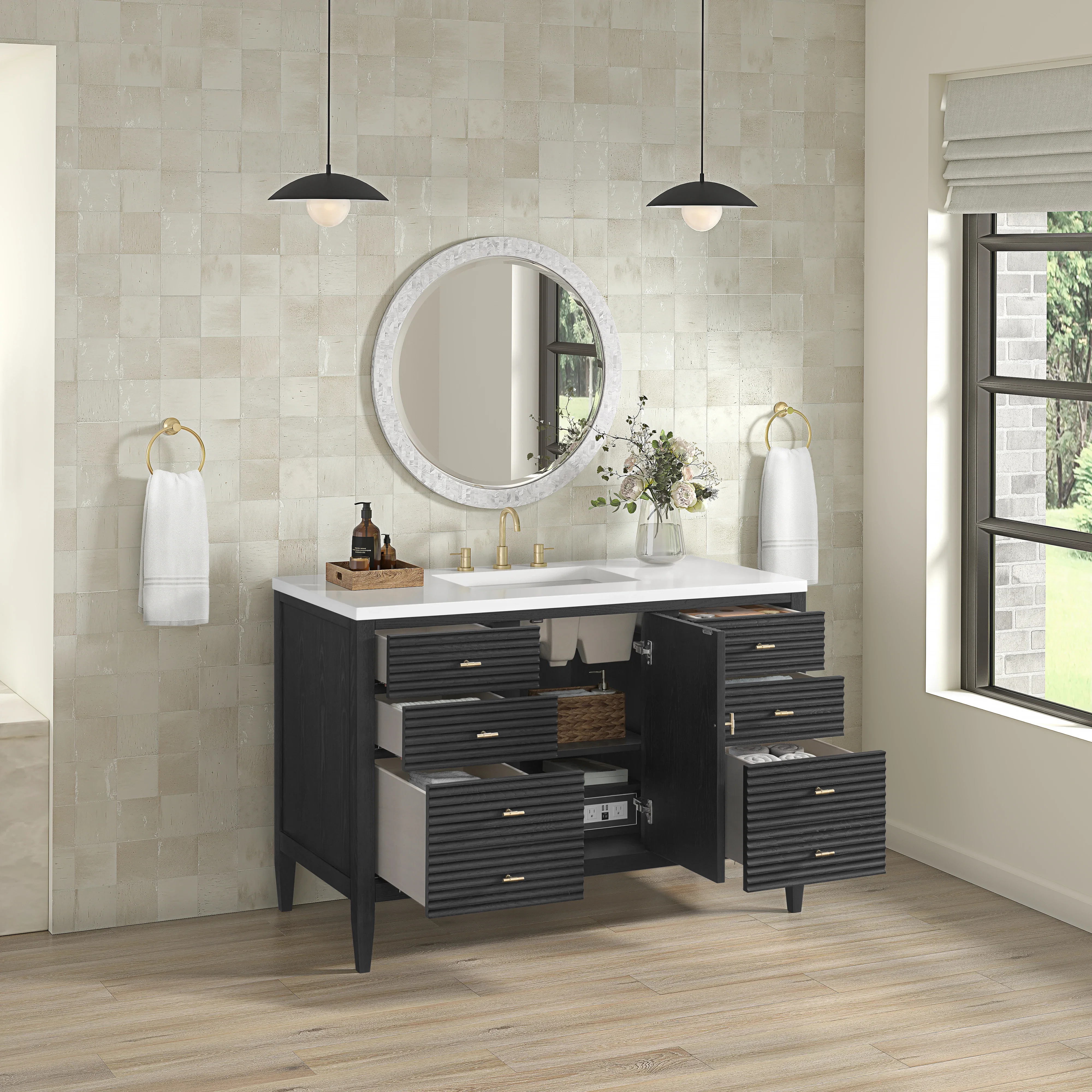 Myrrin 48" Single Vanity, Carbon Oak w/ 3 CM White Zeus Silestone Top