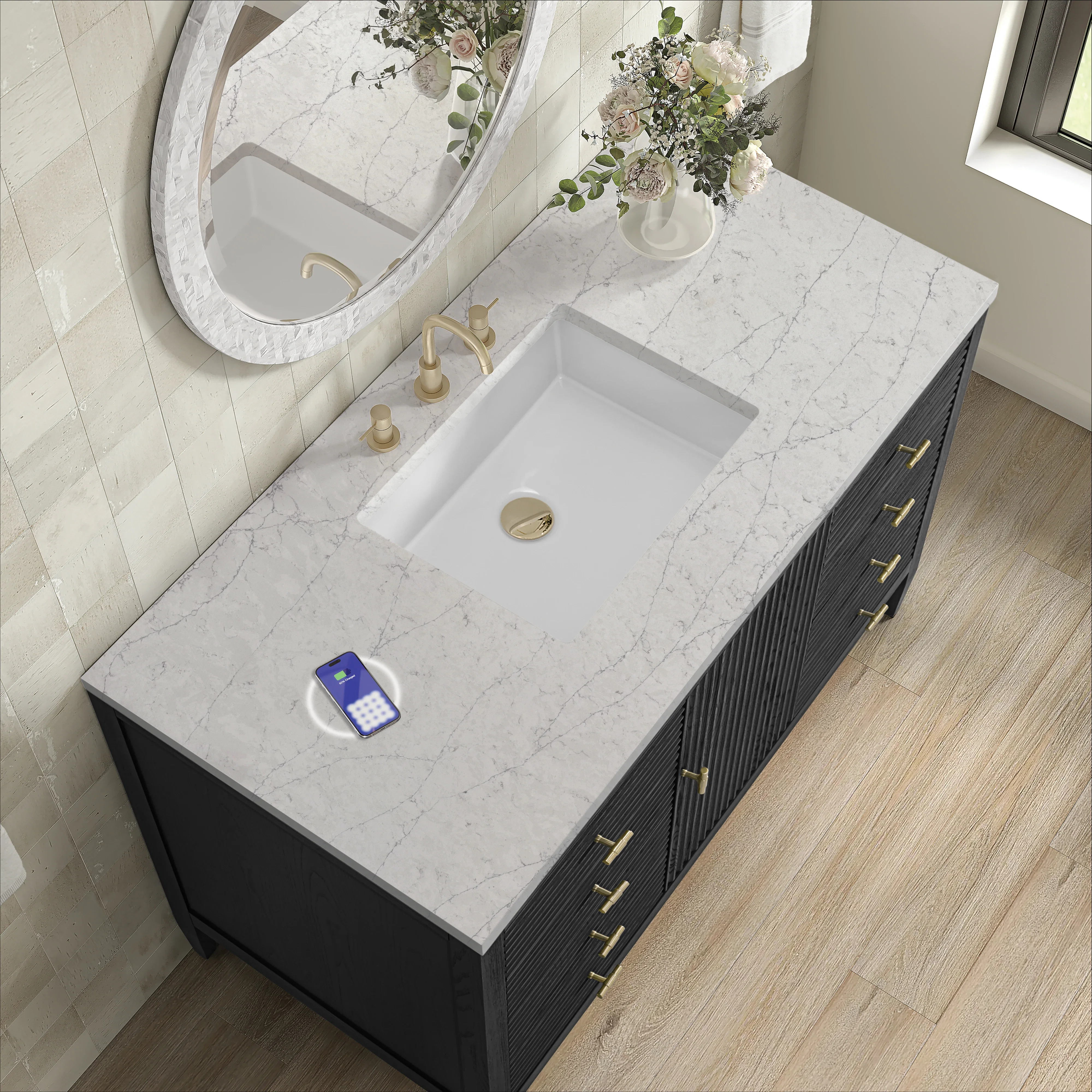 Myrrin 48" Single Vanity, Carbon Oak w/ 3 CM Eternal Jasmine Pearl Silestone Top w/FreePower Wireless Charger