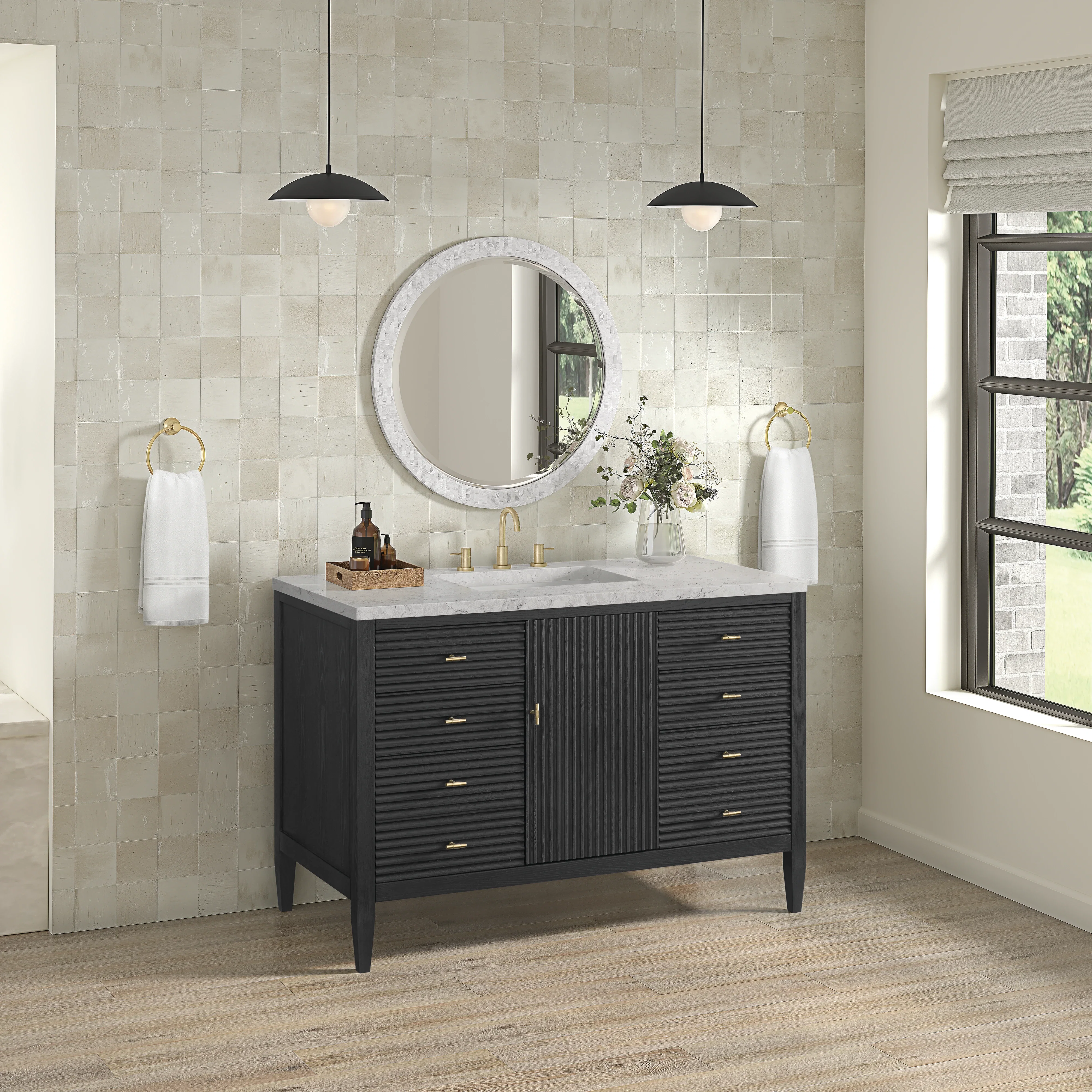 Myrrin 48" Single Vanity, Carbon Oak w/ 3 CM Eternal Jasmine Pearl Silestone Top w/FreePower Wireless Charger