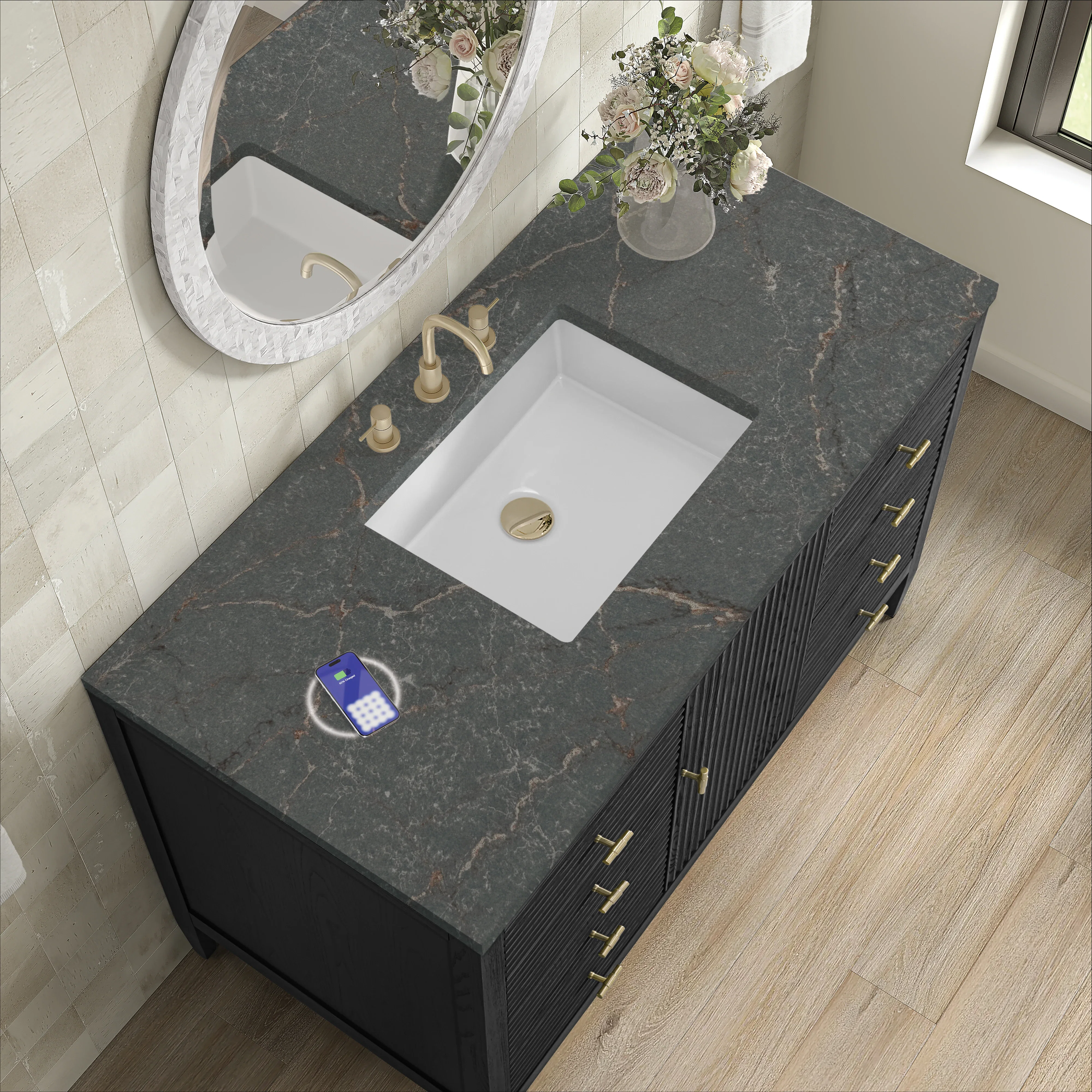Myrrin 48" Single Vanity, Carbon Oak w/ 3 CM Parisien Bleu Silestone Top w/FreePower Wireless Charger
