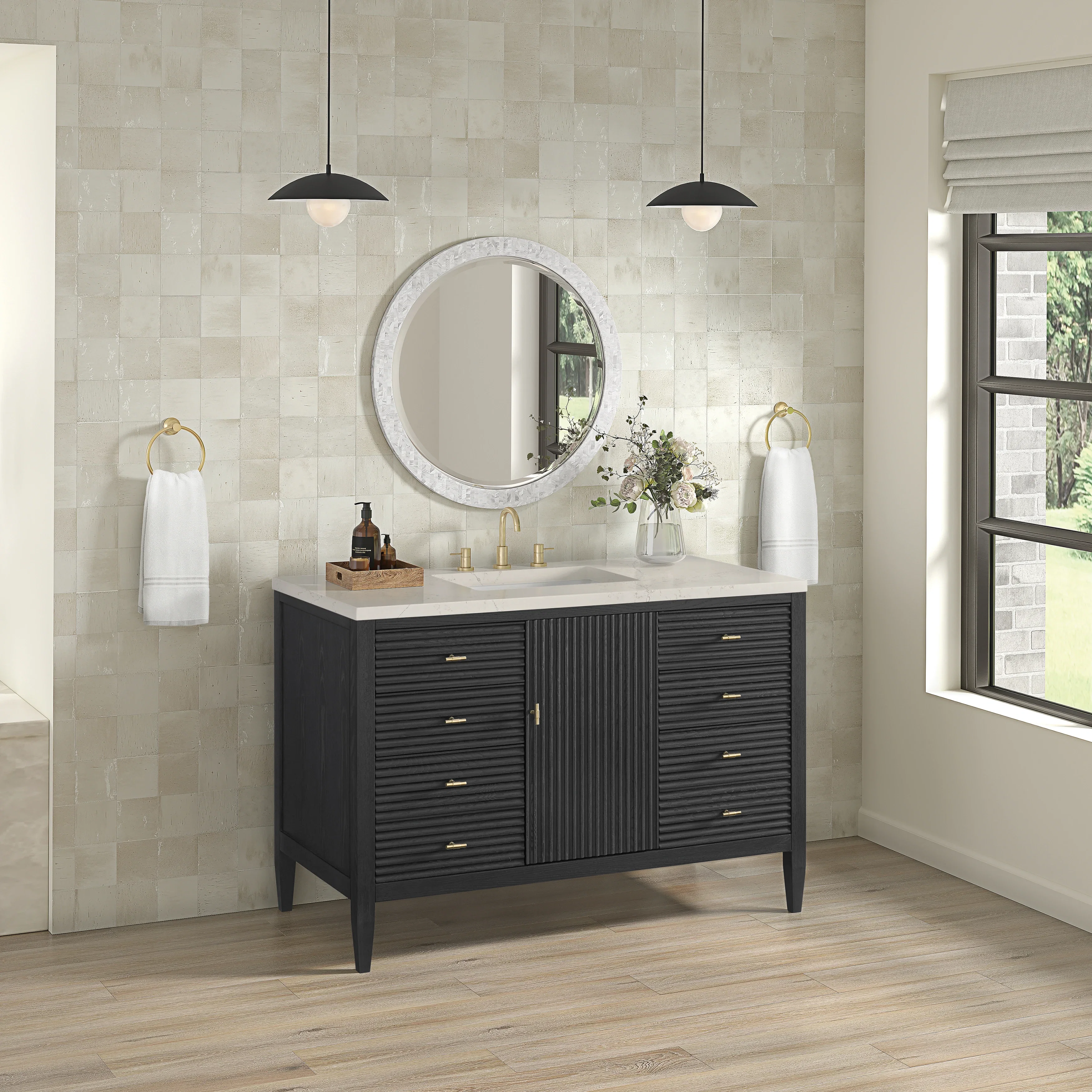 Myrrin 48" Single Vanity, Carbon Oak, w/ 3 CM Siberian Silestone Top w/FreePower Wireless Charger
