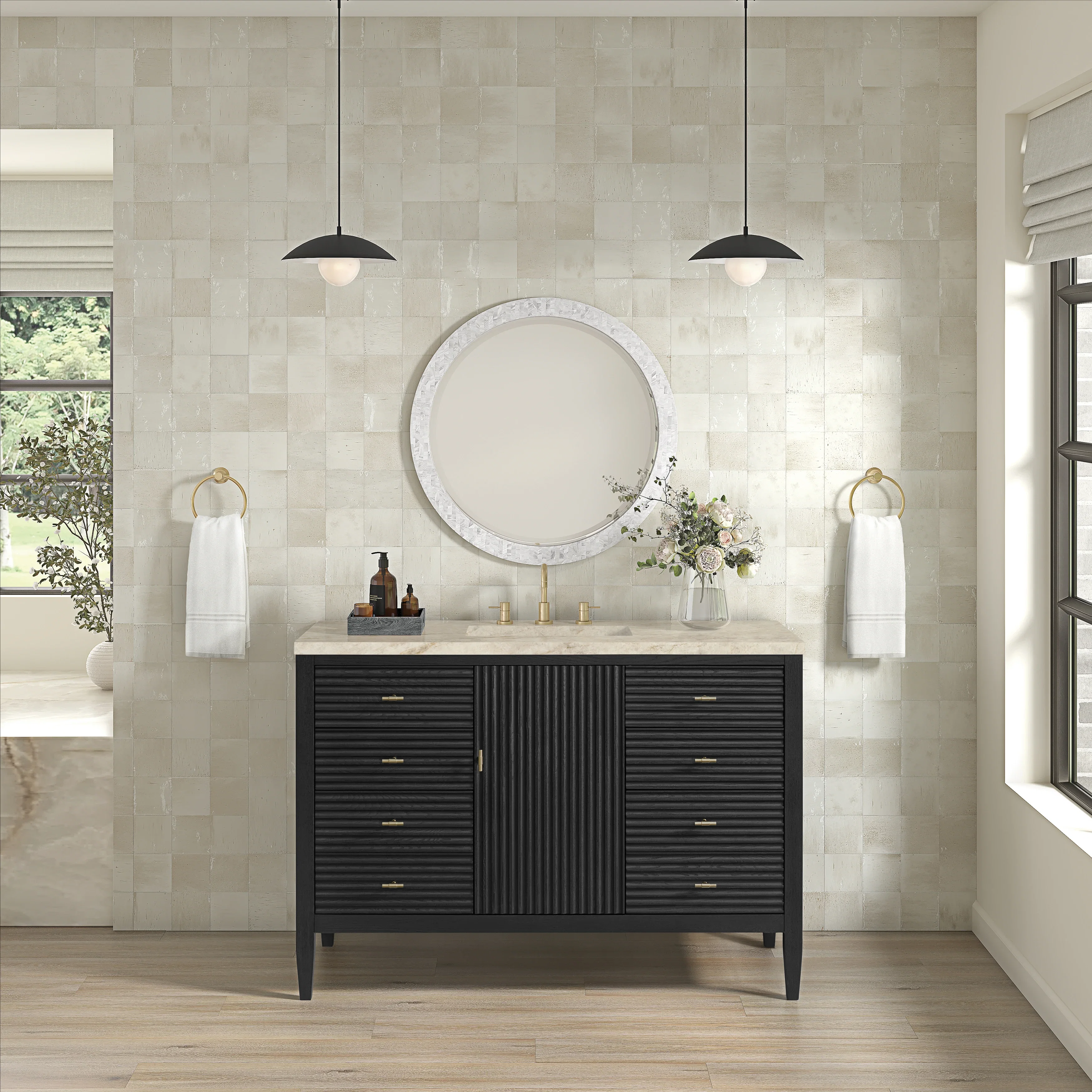 Myrrin 48" Single Vanity, Carbon Oak, w/ 3 CM Tajnar Eclos Top w/FreePower Wireless Charger