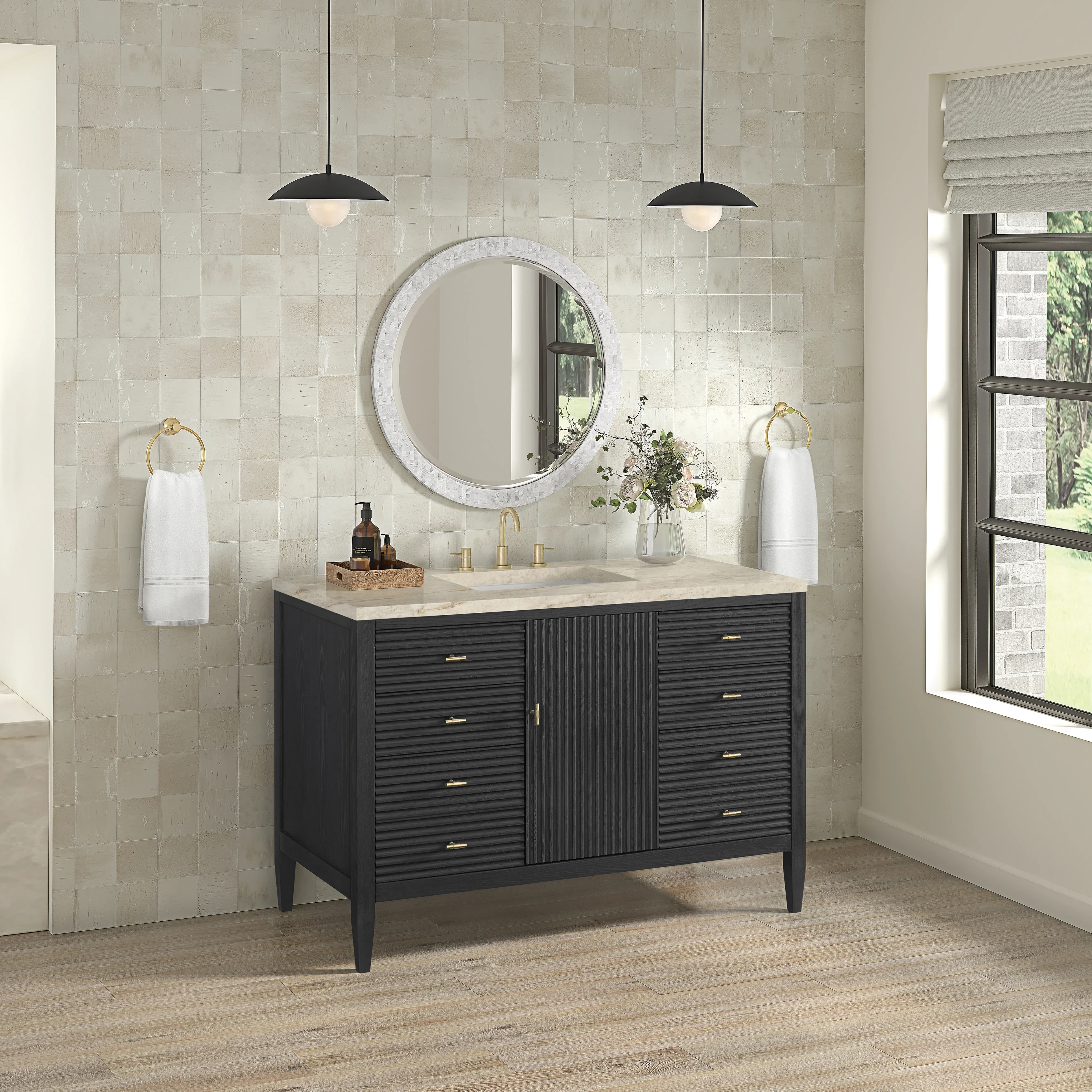 Myrrin 48" Single Vanity, Carbon Oak, w/ 3 CM Tajnar Eclos Top w/FreePower Wireless Charger