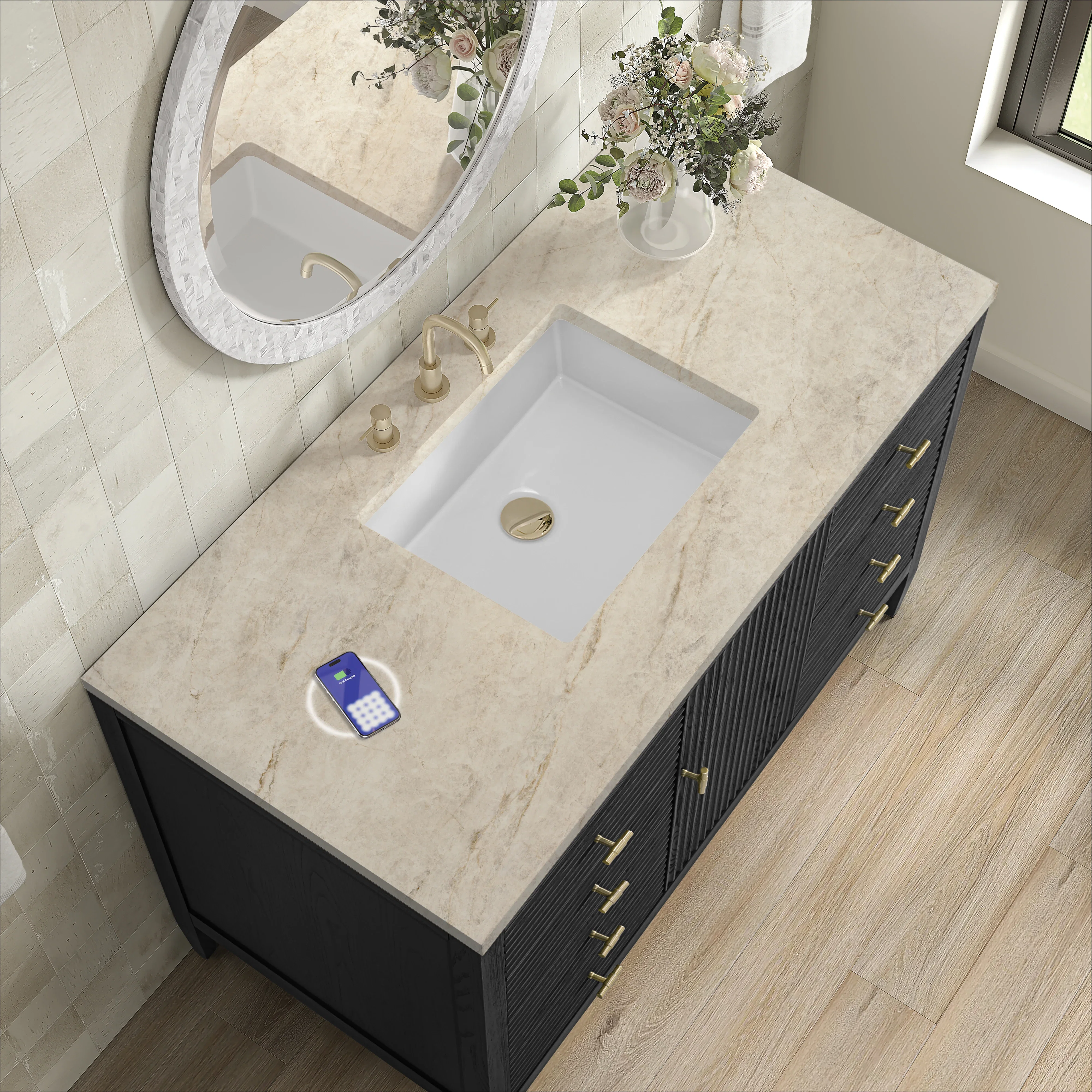 Myrrin 48" Single Vanity, Carbon Oak, w/ 3 CM Tajnar Eclos Top w/FreePower Wireless Charger