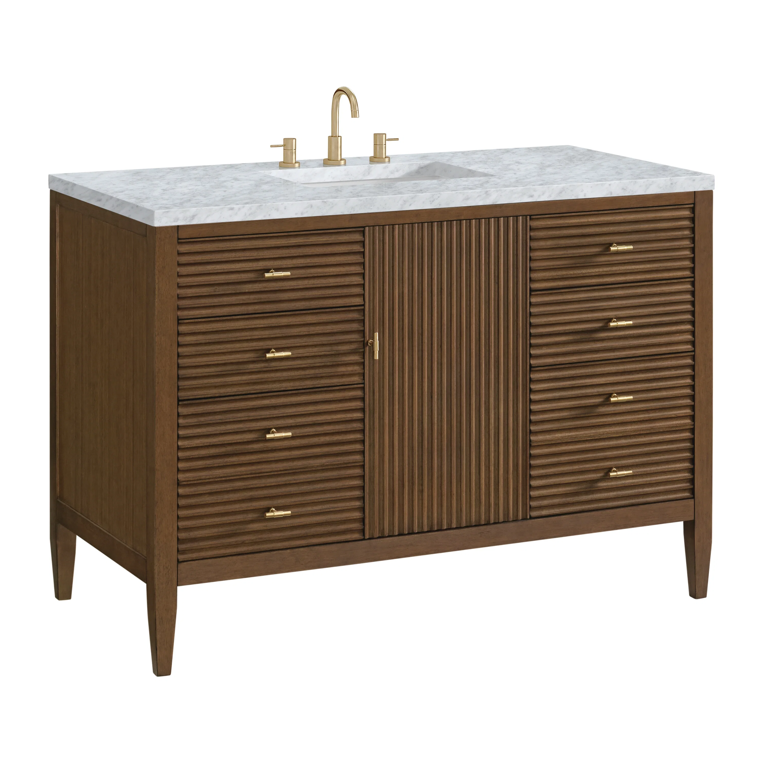 Myrrin 48" Single Vanity, Mid Century Walnut w/ 3 CM Carrara White Marble Top
