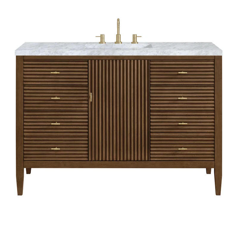 Myrrin 48" Single Vanity, Mid Century Walnut w/ 3 CM Carrara White Marble Top