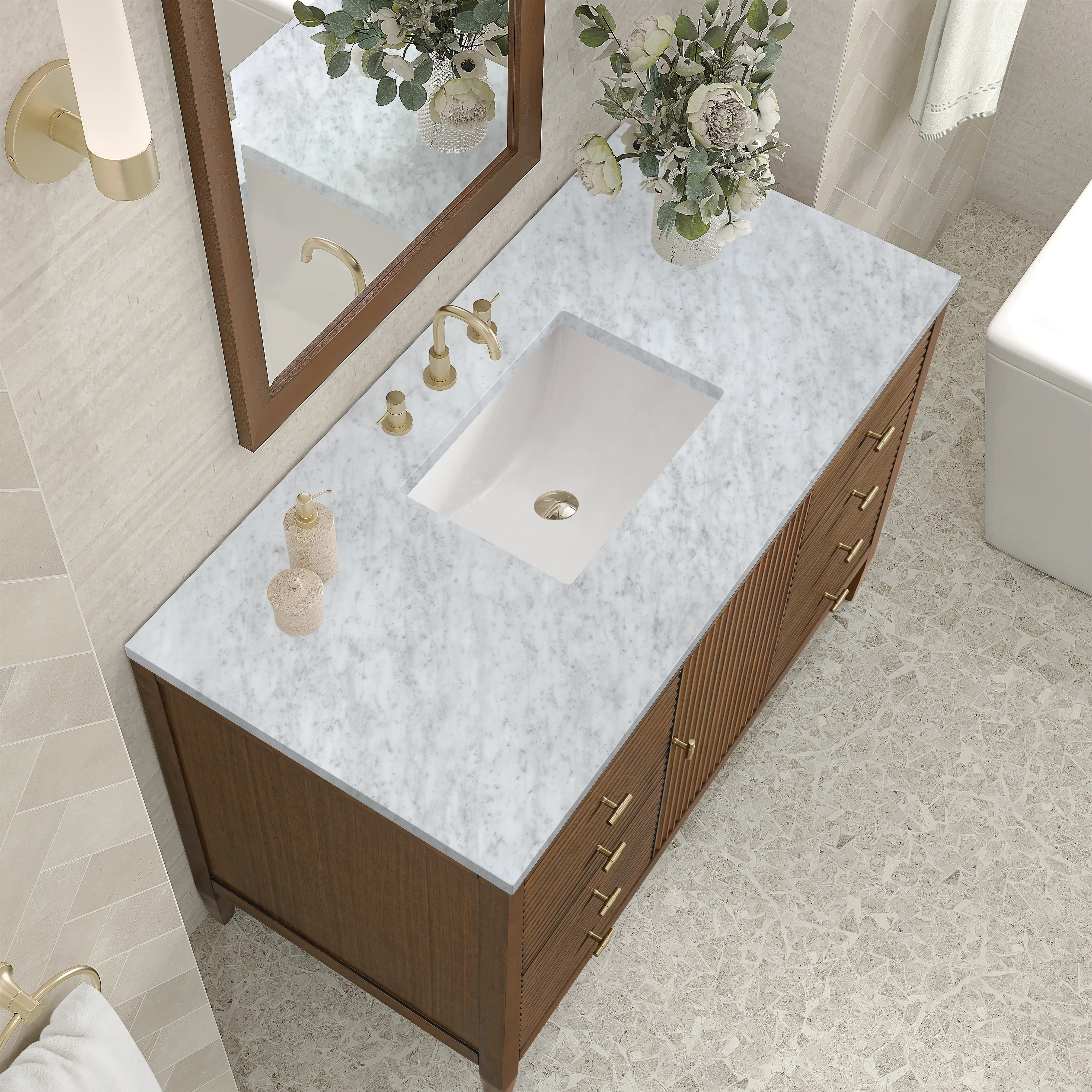 Myrrin 48" Single Vanity, Mid Century Walnut w/ 3 CM Carrara White Marble Top