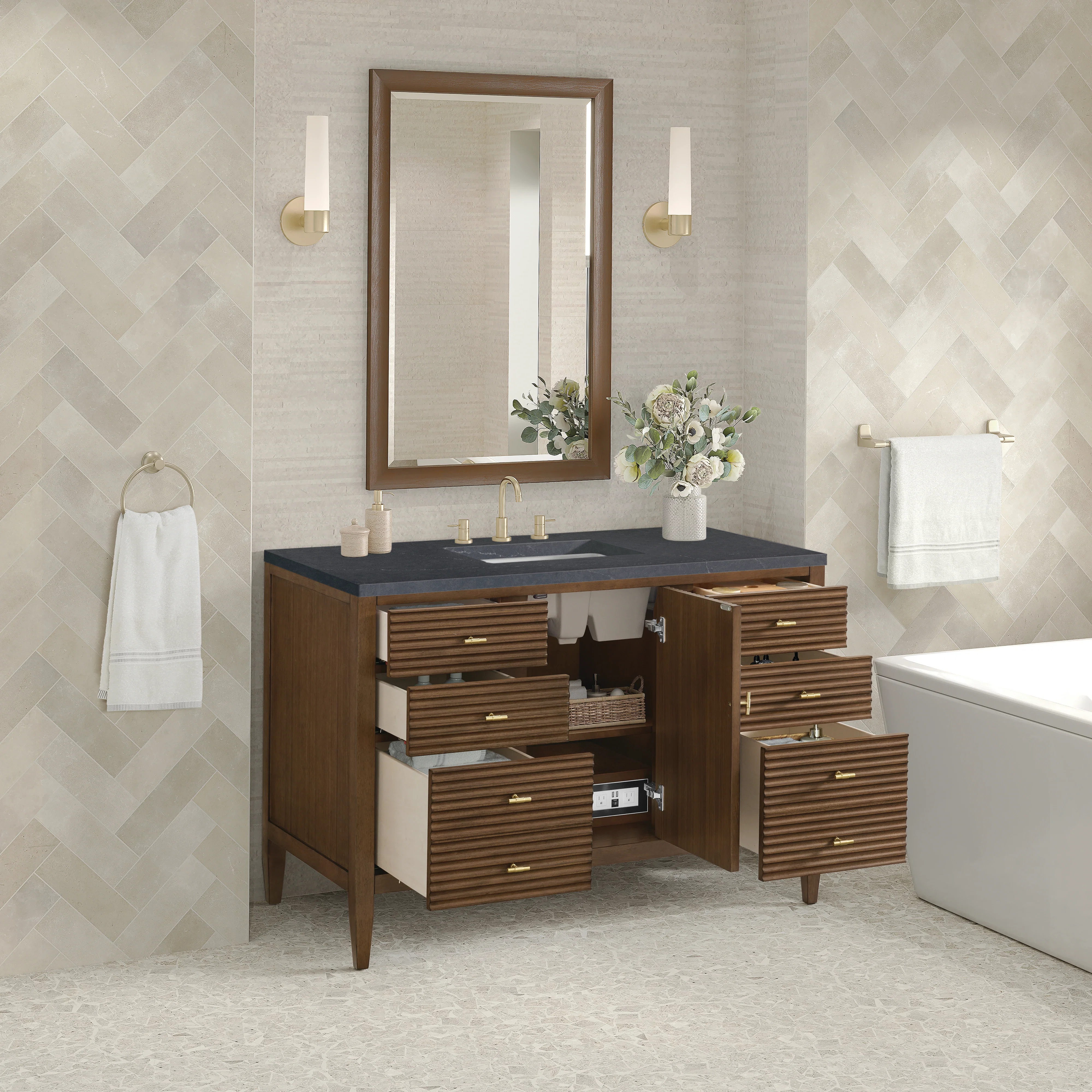 Myrrin 48" Single Vanity, Mid Century Walnut w/ 3 CM Charcoal Soapstone Silestone Top