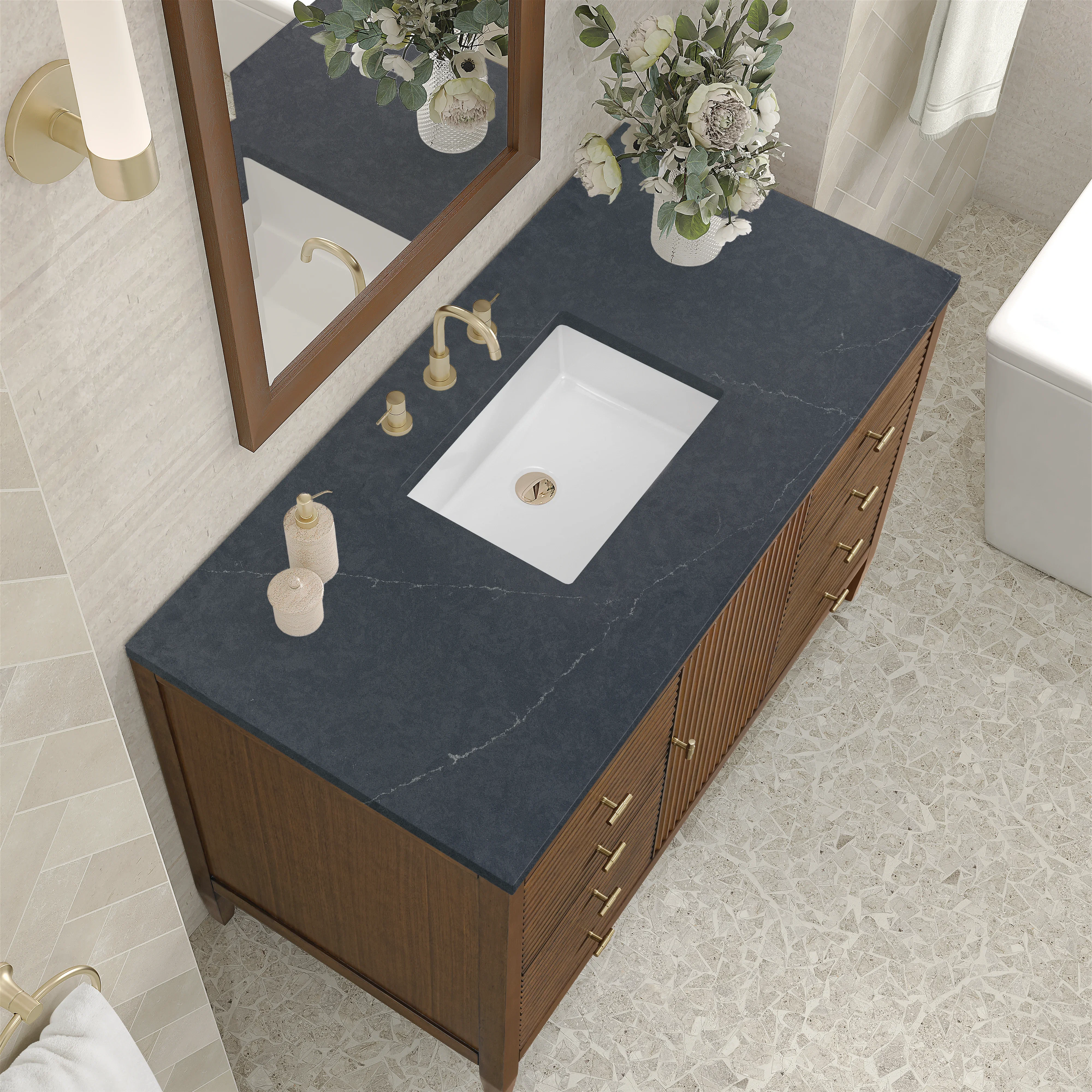 Myrrin 48" Single Vanity, Mid Century Walnut w/ 3 CM Charcoal Soapstone Silestone Top