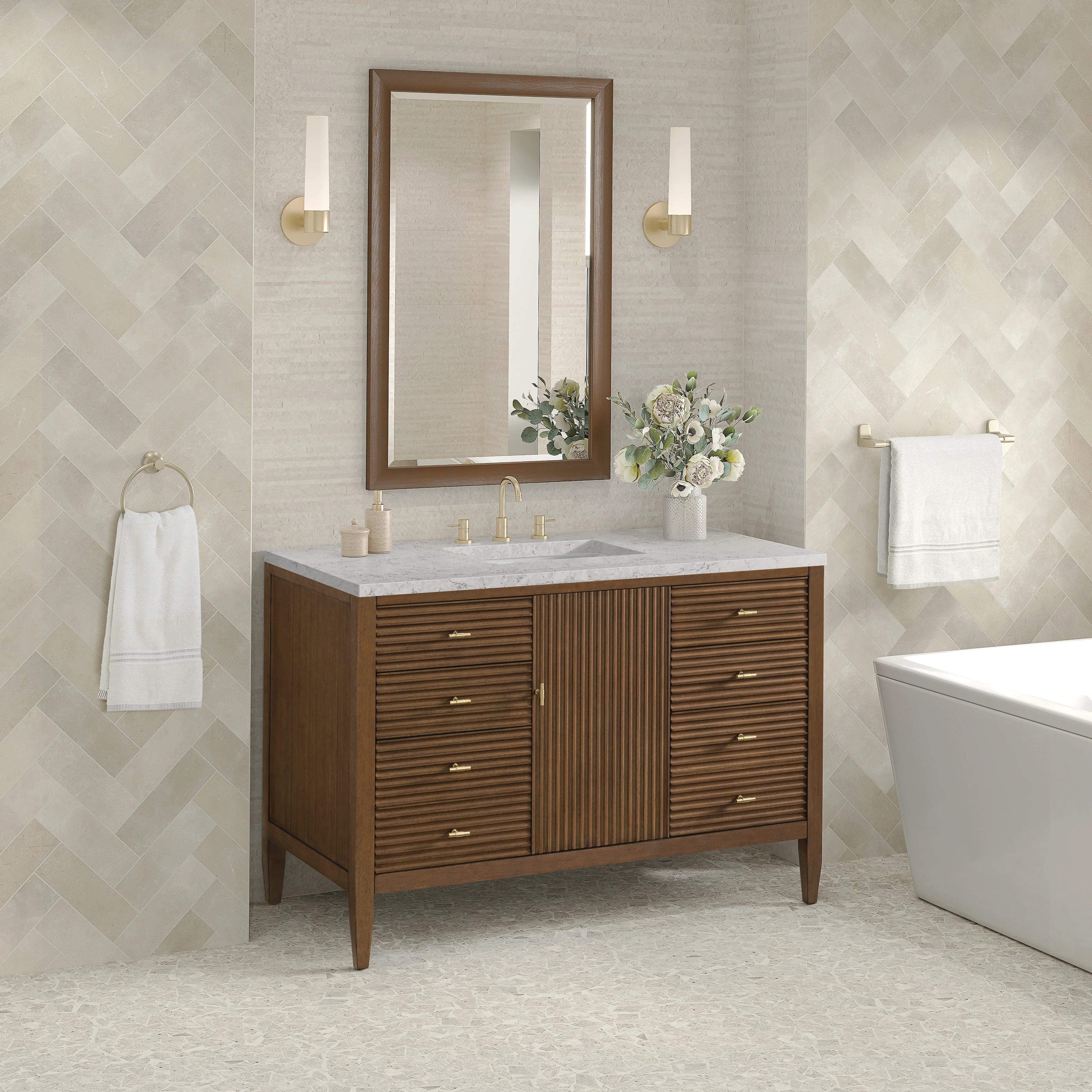 Myrrin 48" Single Vanity, Mid Century Walnut w/ 3 CM Eternal Jasmine Pearl Silestone Top