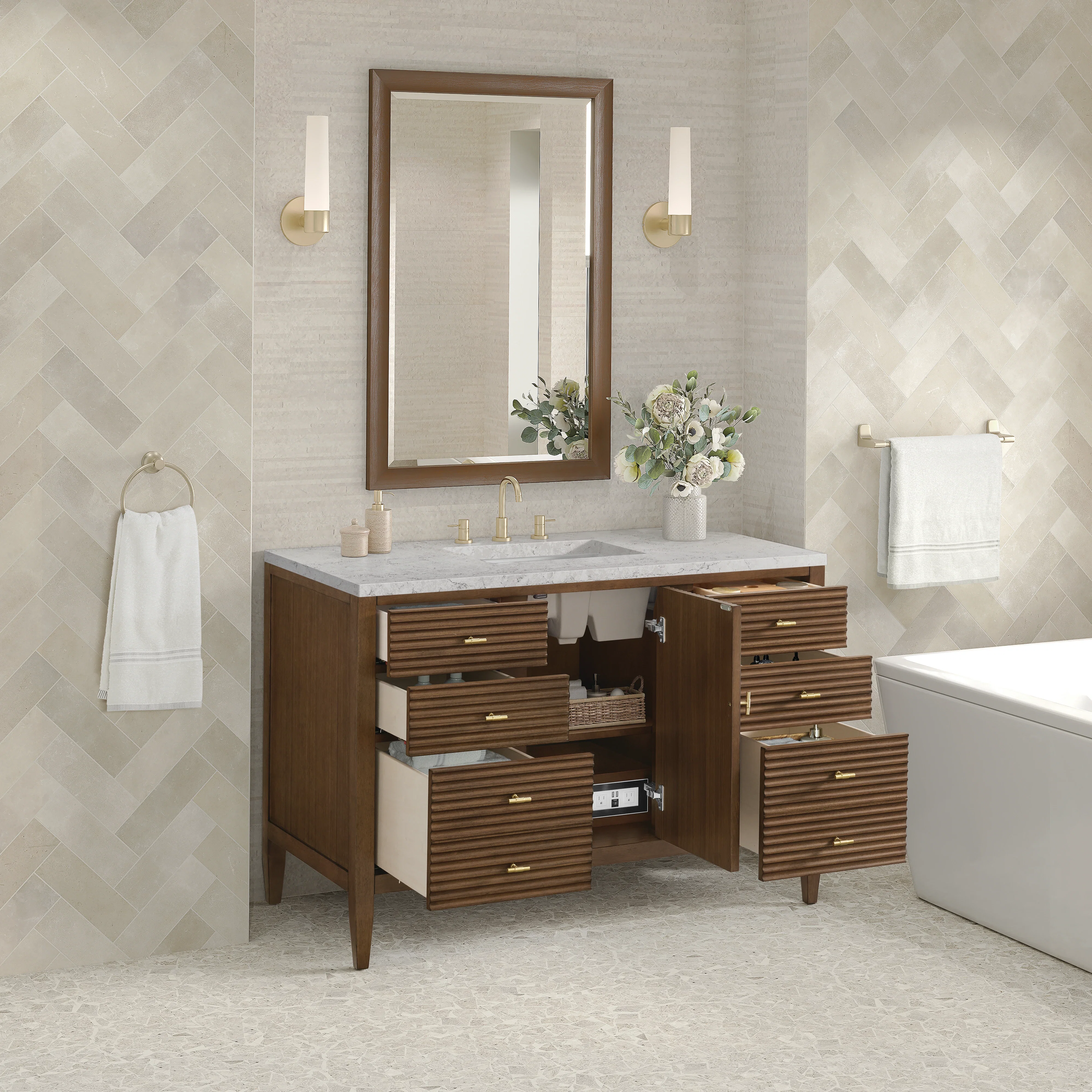 Myrrin 48" Single Vanity, Mid Century Walnut w/ 3 CM Eternal Jasmine Pearl Silestone Top