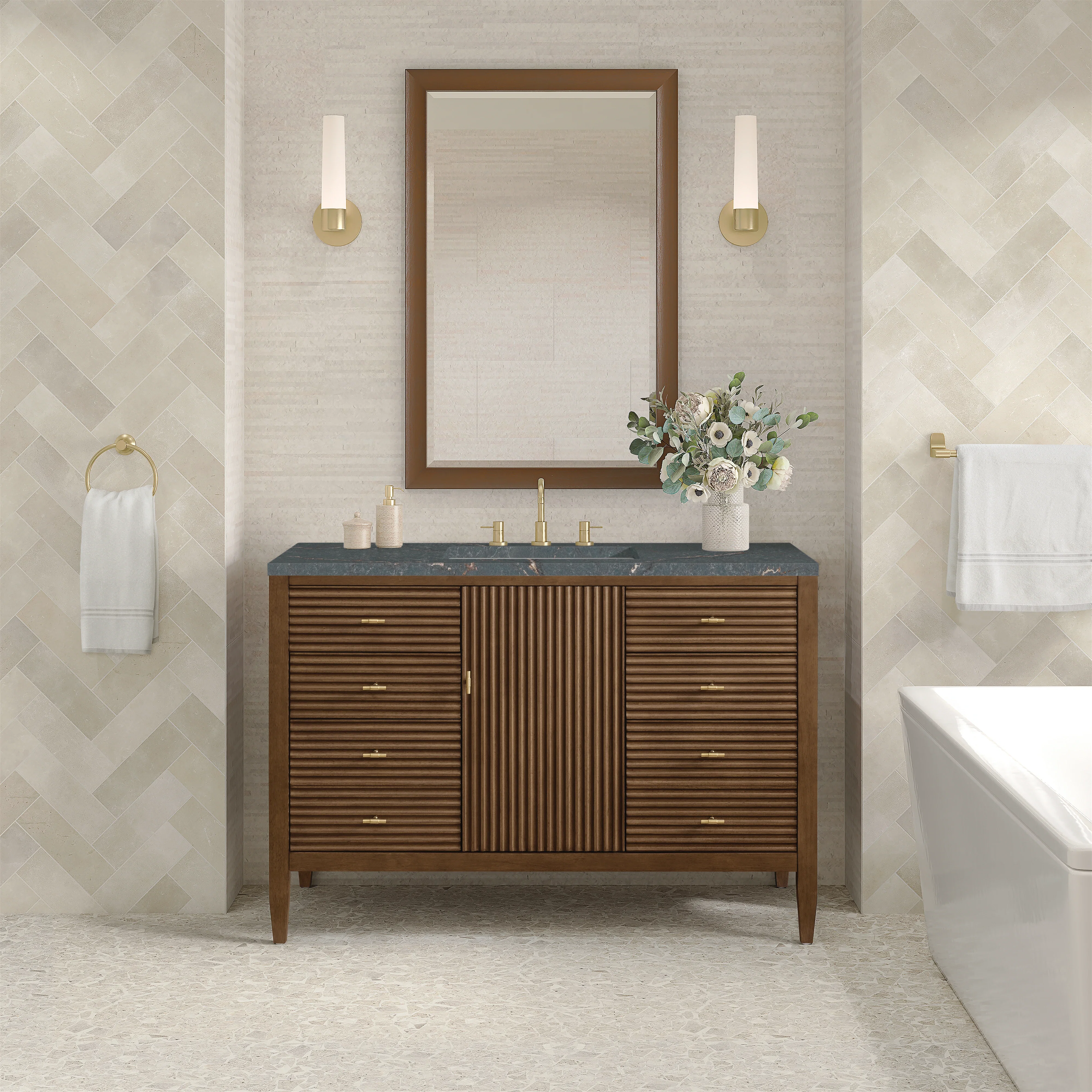 Myrrin 48" Single Vanity, Mid Century Walnut w/ 3 CM Parisien Bleu Silestone Top